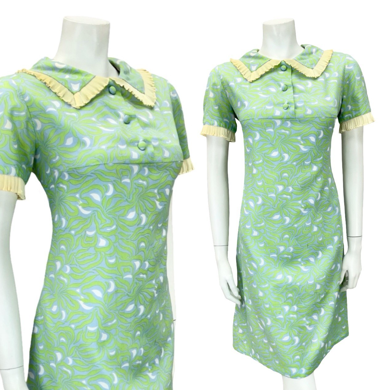 VTG 60S GREEN BLUE BEIGE WHITE PSYCHEDELIC MOD RUFFLE PETER PAN SHIFT DRESS 12