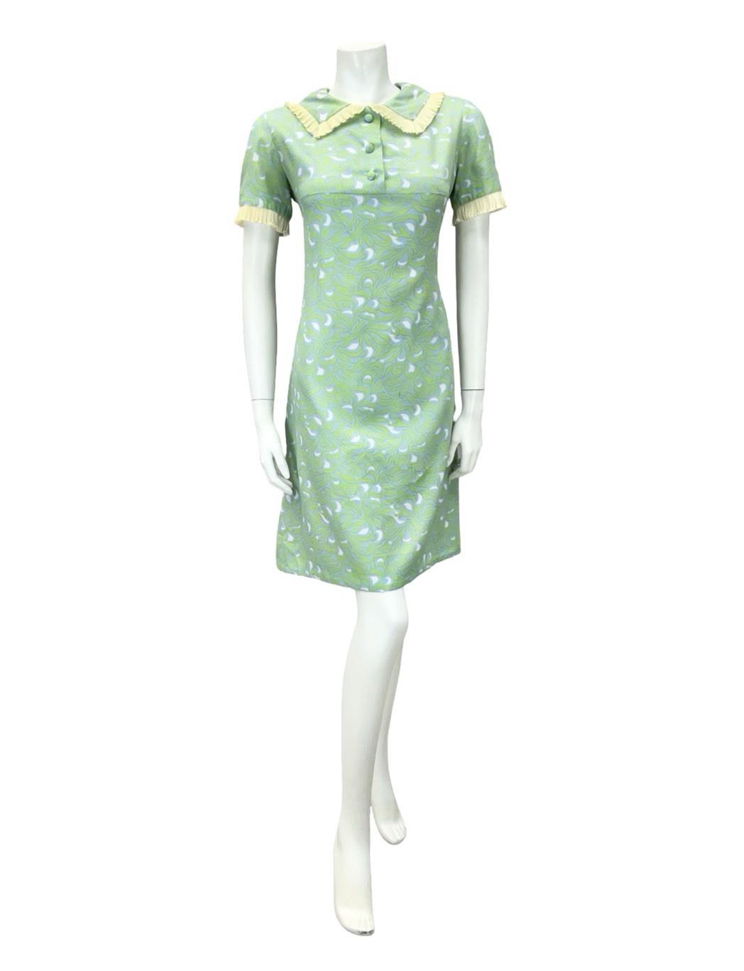 VTG 60S GREEN BLUE BEIGE WHITE PSYCHEDELIC MOD RUFFLE PETER PAN SHIFT DRESS 12