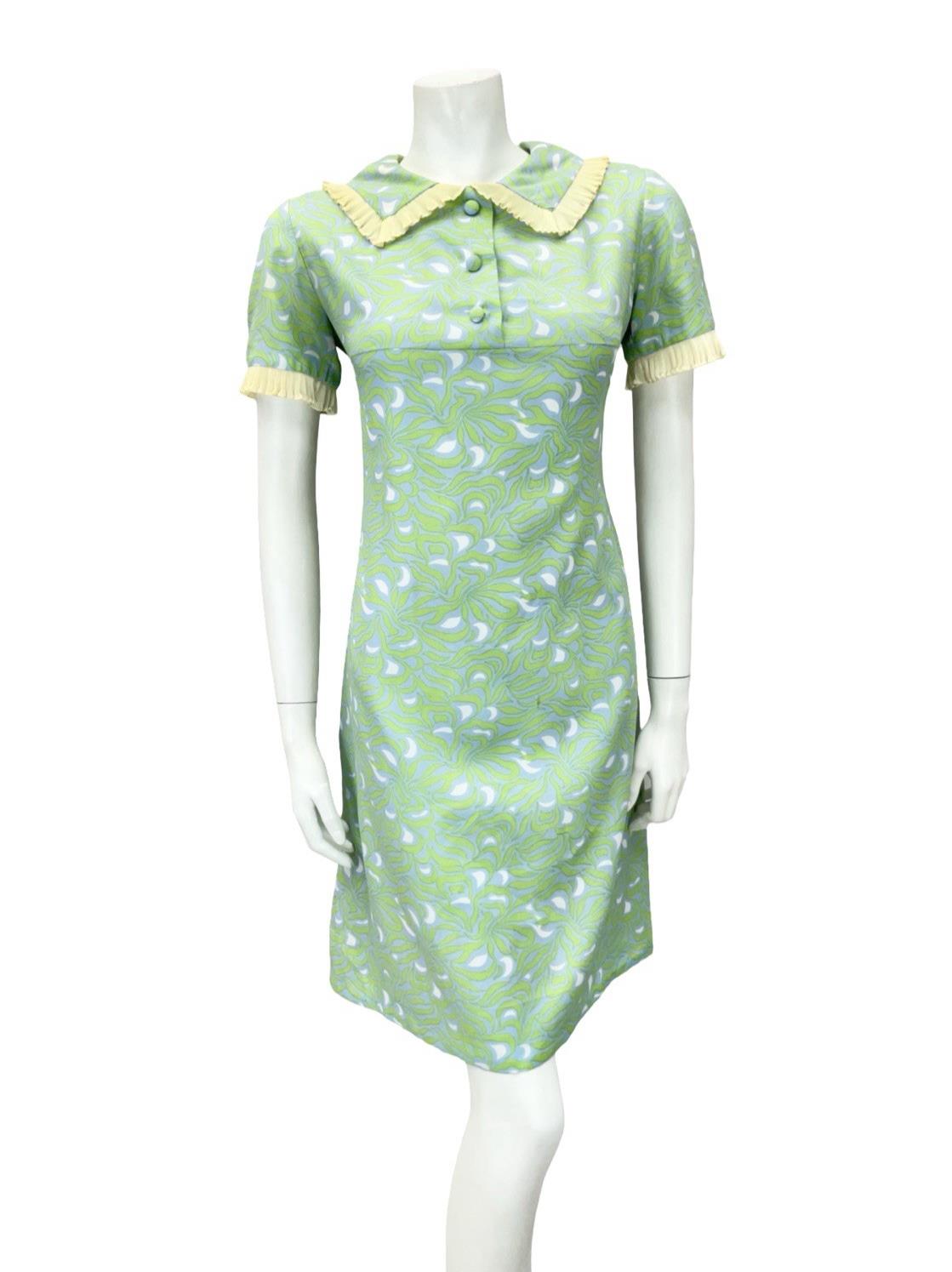 VTG 60S GREEN BLUE BEIGE WHITE PSYCHEDELIC MOD RUFFLE PETER PAN SHIFT DRESS 12