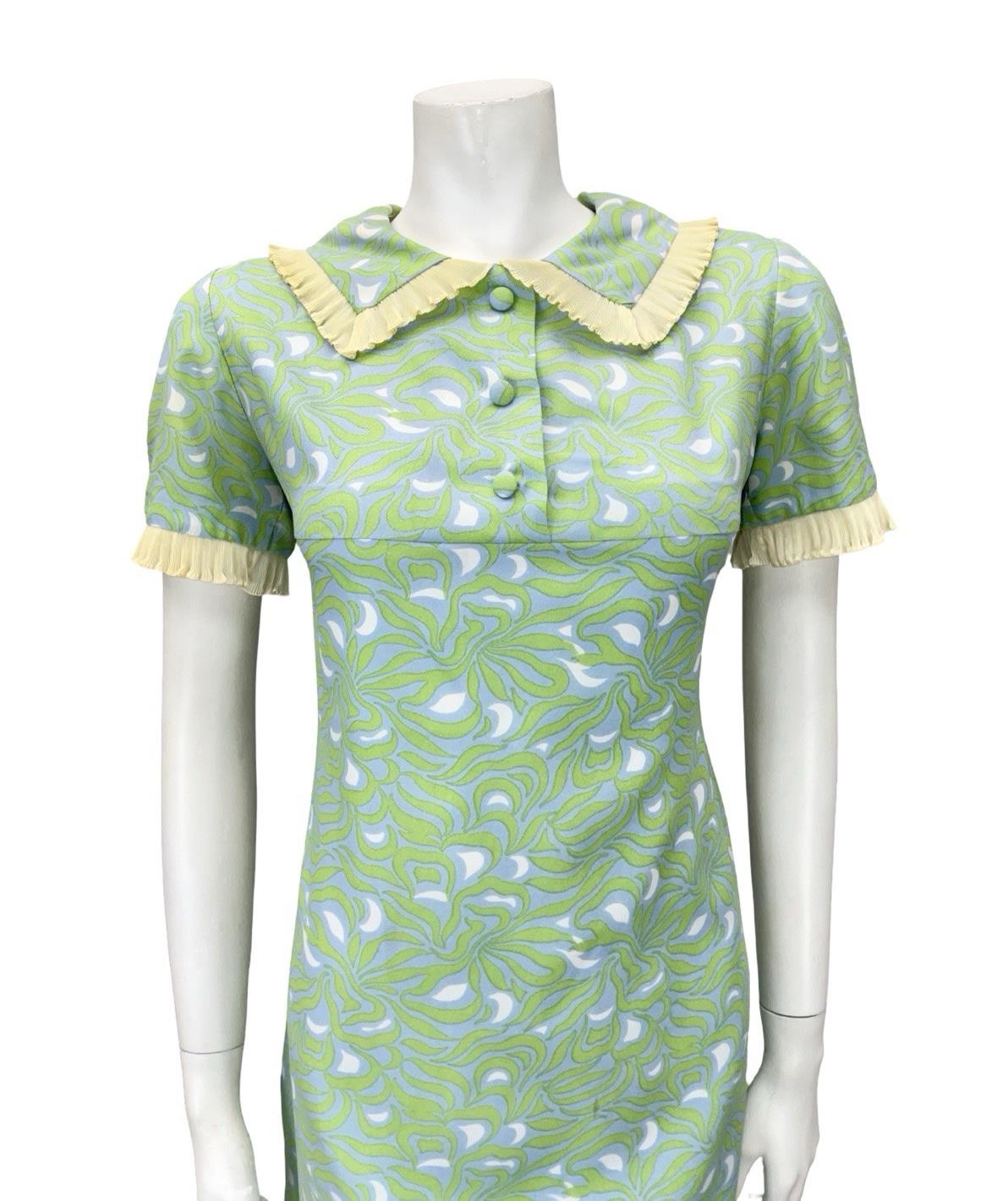 VTG 60S GREEN BLUE BEIGE WHITE PSYCHEDELIC MOD RUFFLE PETER PAN SHIFT DRESS 12