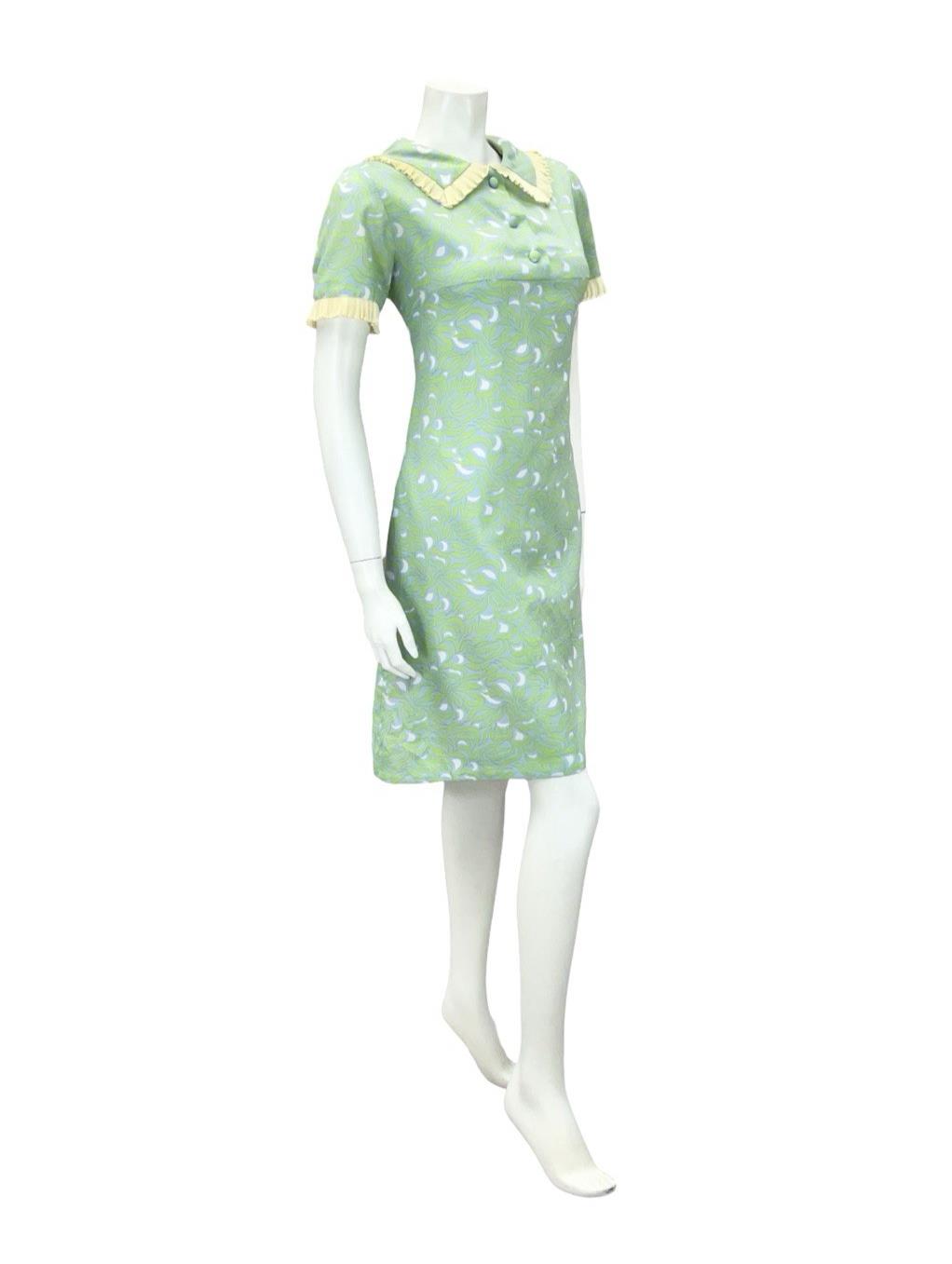 VTG 60S GREEN BLUE BEIGE WHITE PSYCHEDELIC MOD RUFFLE PETER PAN SHIFT DRESS 12