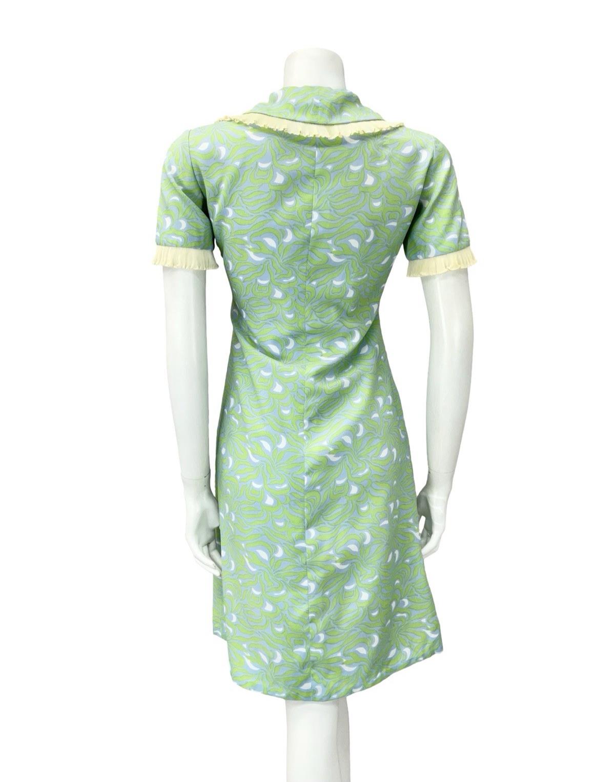 VTG 60S GREEN BLUE BEIGE WHITE PSYCHEDELIC MOD RUFFLE PETER PAN SHIFT DRESS 12