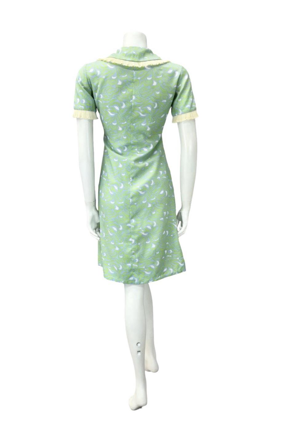 VTG 60S GREEN BLUE BEIGE WHITE PSYCHEDELIC MOD RUFFLE PETER PAN SHIFT DRESS 12
