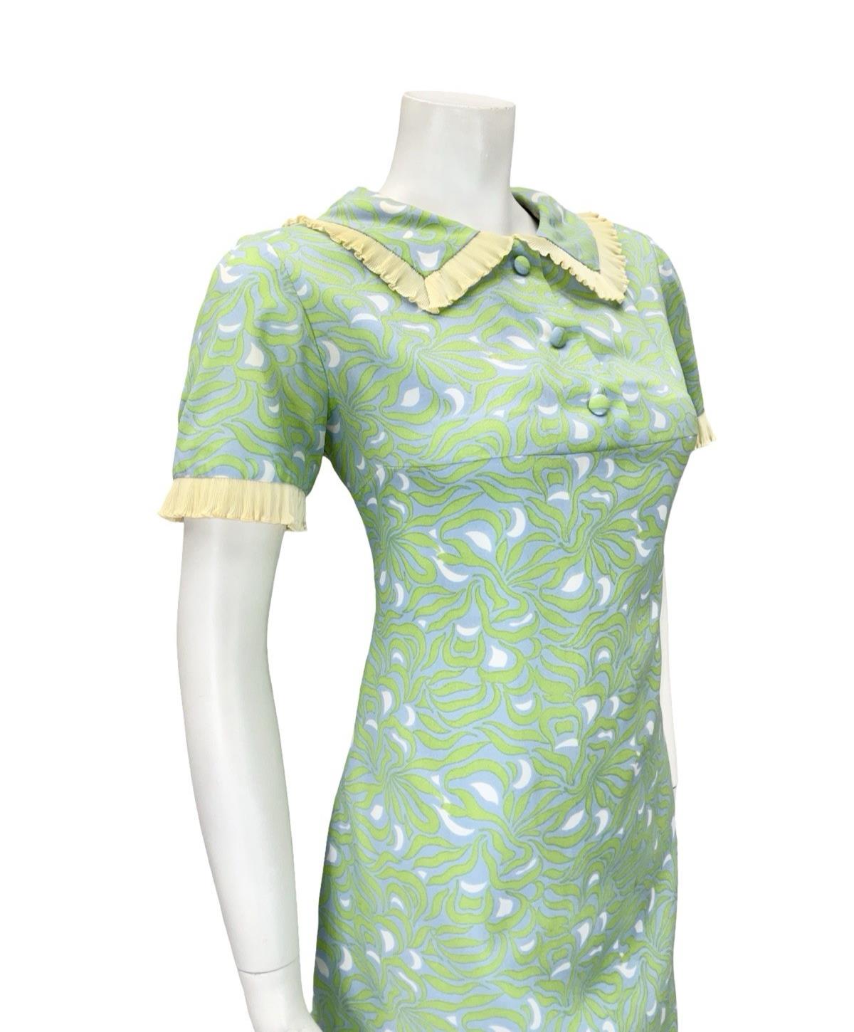 VTG 60S GREEN BLUE BEIGE WHITE PSYCHEDELIC MOD RUFFLE PETER PAN SHIFT DRESS 12