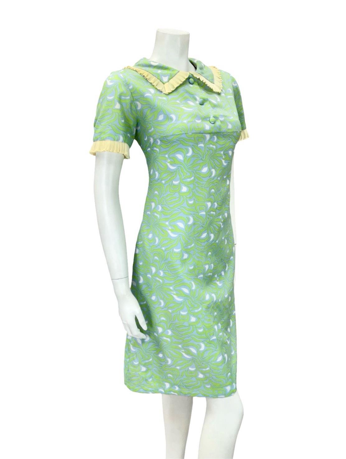 VTG 60S GREEN BLUE BEIGE WHITE PSYCHEDELIC MOD RUFFLE PETER PAN SHIFT DRESS 12