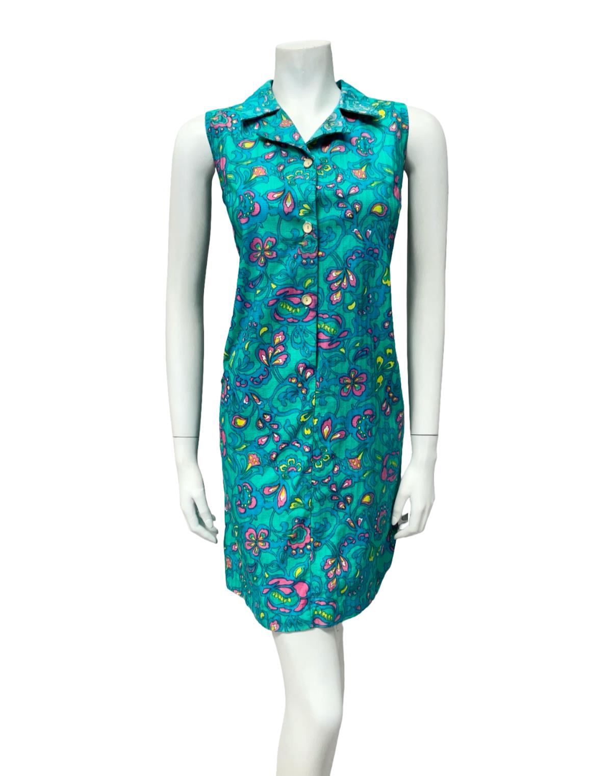 VTG 90s JAPANESE 60S INSPIRED BLUE PINK YELLOW PSYCHEDELIC FLORAL SHIFT DRESS 10