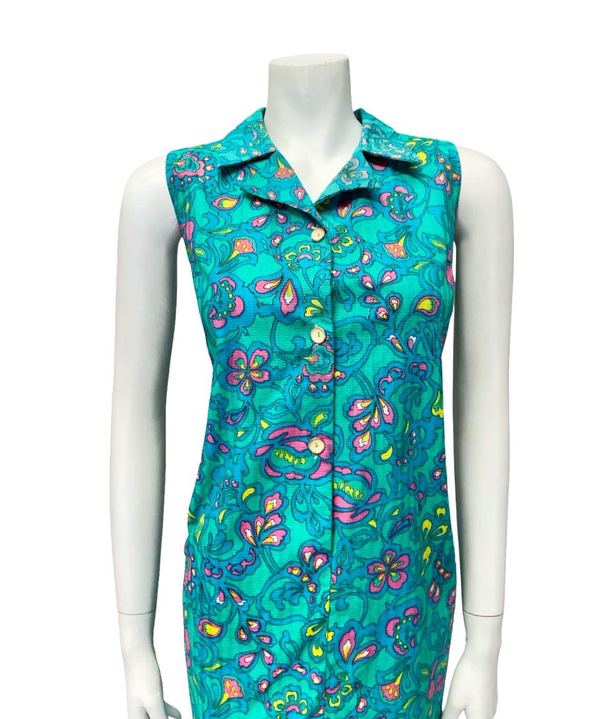 VTG 90s JAPANESE 60S INSPIRED BLUE PINK YELLOW PSYCHEDELIC FLORAL SHIFT DRESS 10