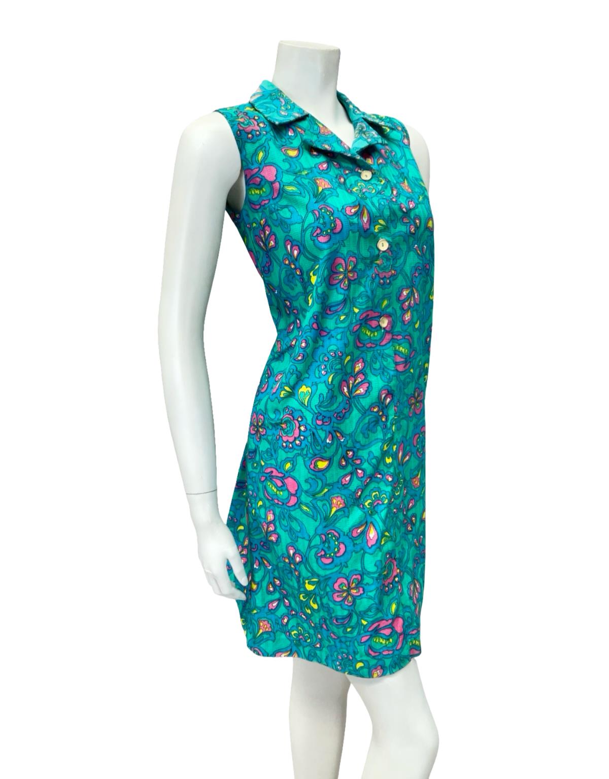 VTG 90s JAPANESE 60S INSPIRED BLUE PINK YELLOW PSYCHEDELIC FLORAL SHIFT DRESS 10