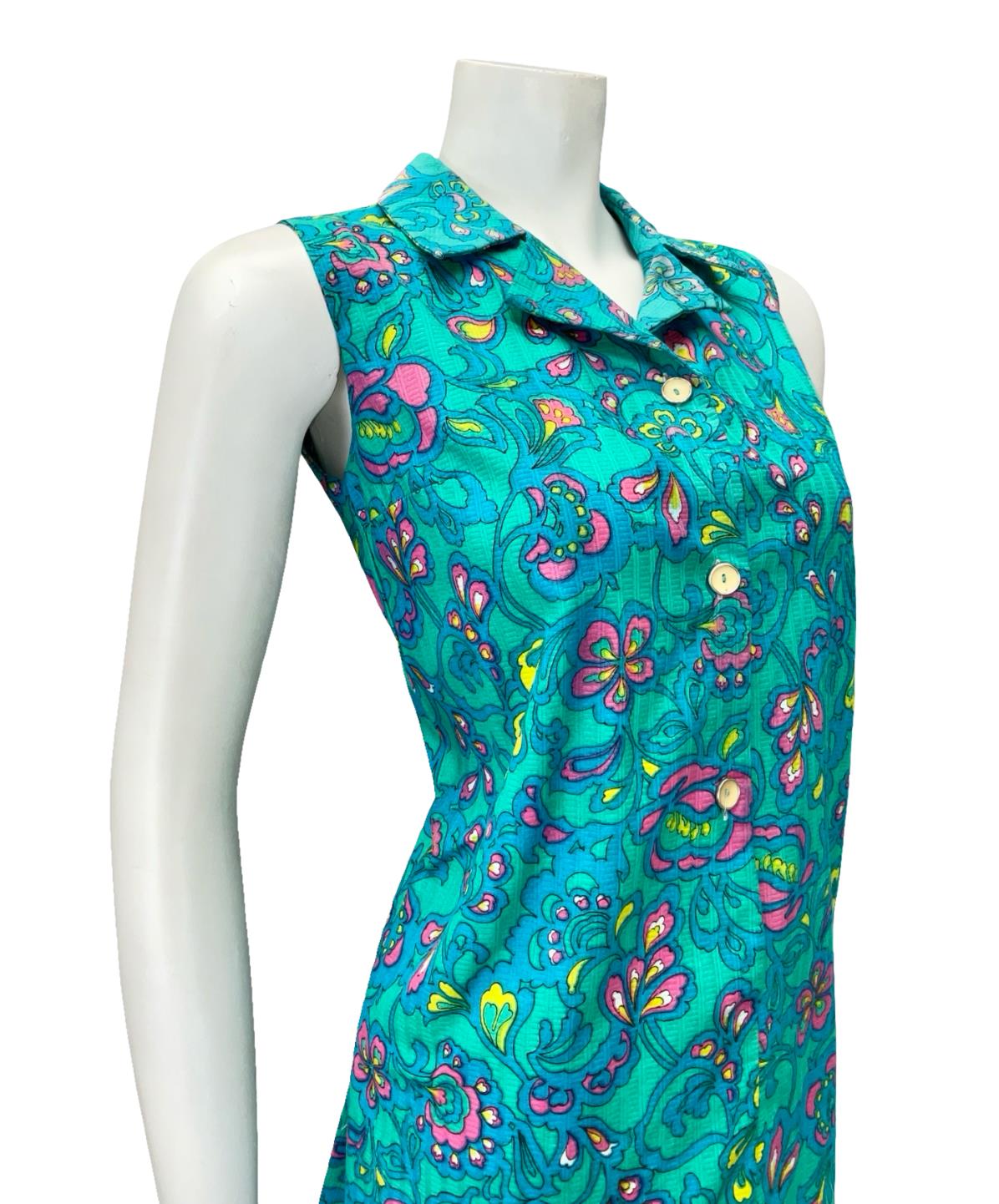 VTG 90s JAPANESE 60S INSPIRED BLUE PINK YELLOW PSYCHEDELIC FLORAL SHIFT DRESS 10