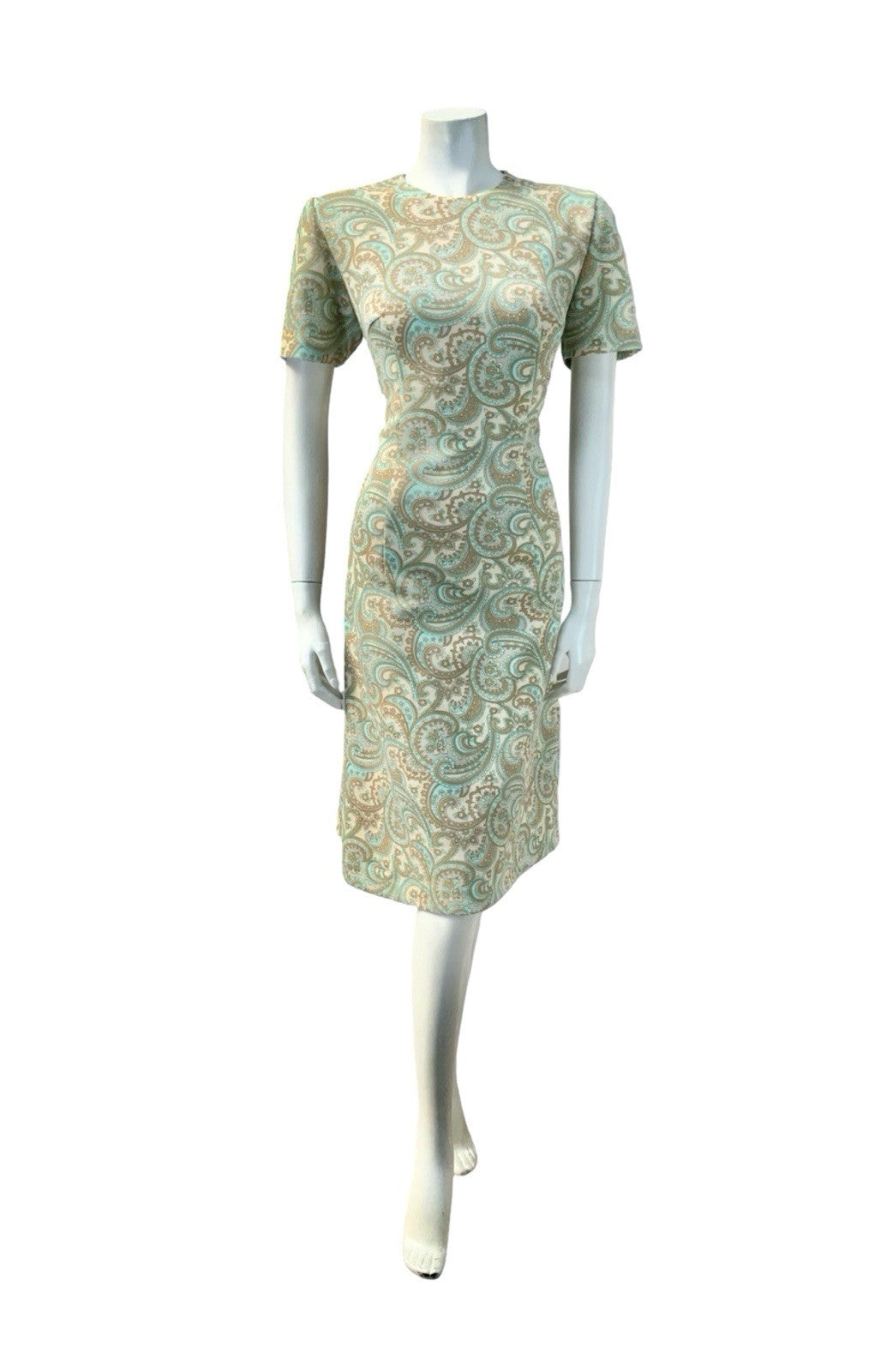 VTG 60S MOD PSYCHEDELIC PAISLEY SWIRL BEIGE GREEN BLUE BROWN PENCIL DRESS 14