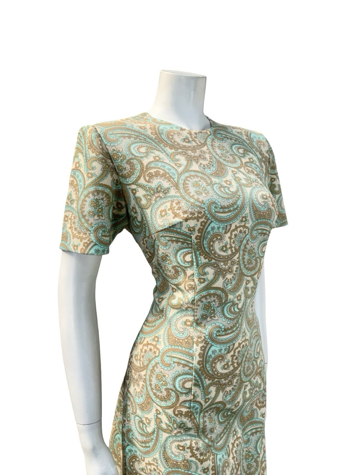 VTG 60S MOD PSYCHEDELIC PAISLEY SWIRL BEIGE GREEN BLUE BROWN PENCIL DRESS 14