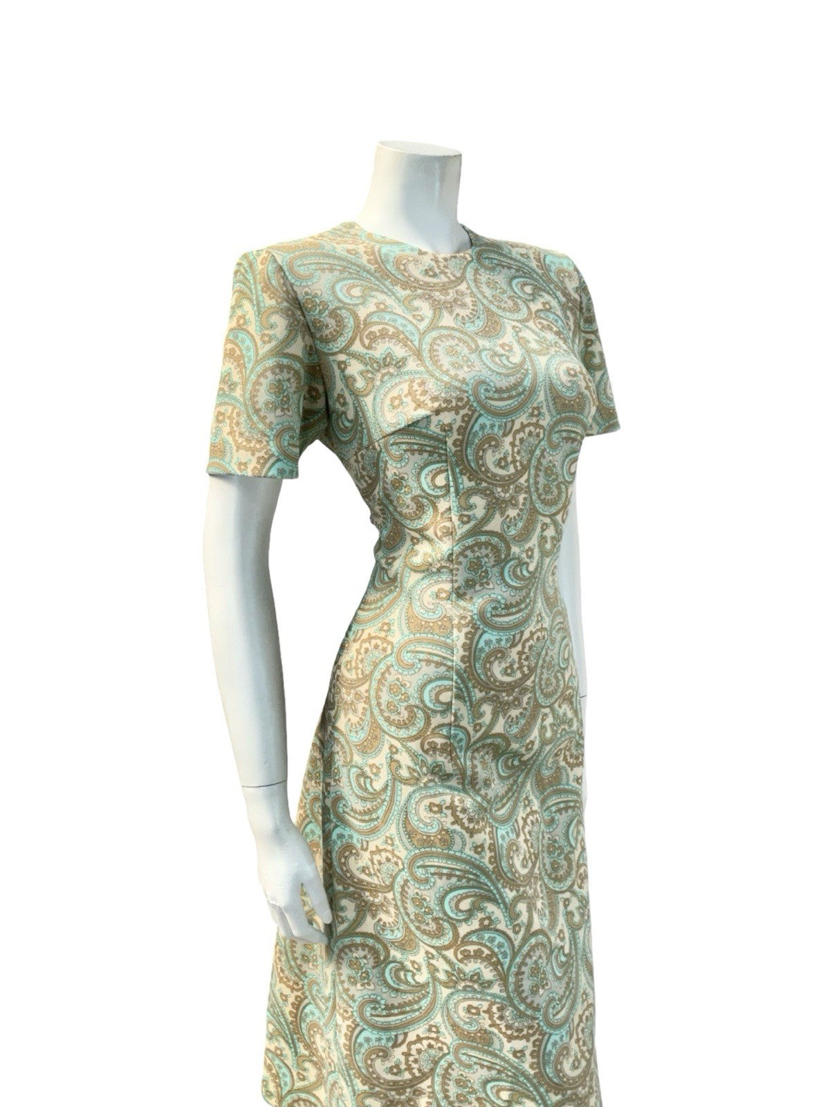 VTG 60S MOD PSYCHEDELIC PAISLEY SWIRL BEIGE GREEN BLUE BROWN PENCIL DRESS 14