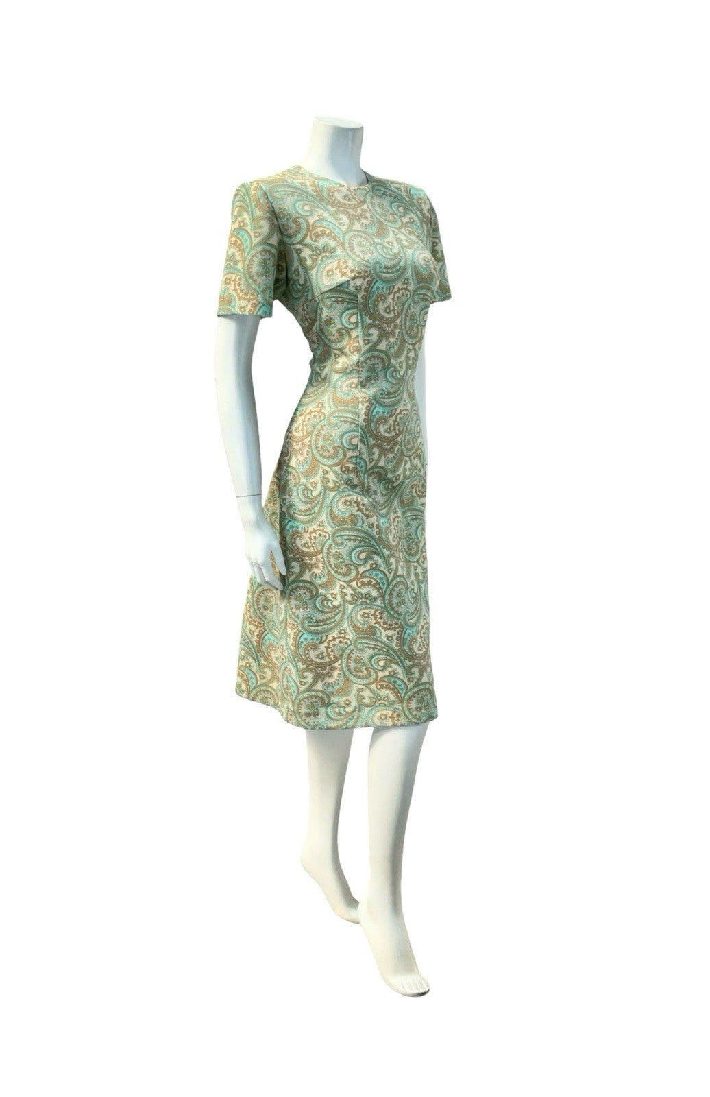 VTG 60S MOD PSYCHEDELIC PAISLEY SWIRL BEIGE GREEN BLUE BROWN PENCIL DRESS 14