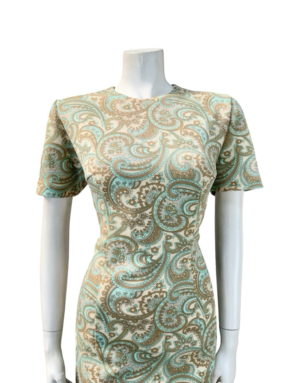 VTG 60S MOD PSYCHEDELIC PAISLEY SWIRL BEIGE GREEN BLUE BROWN PENCIL DRESS 14