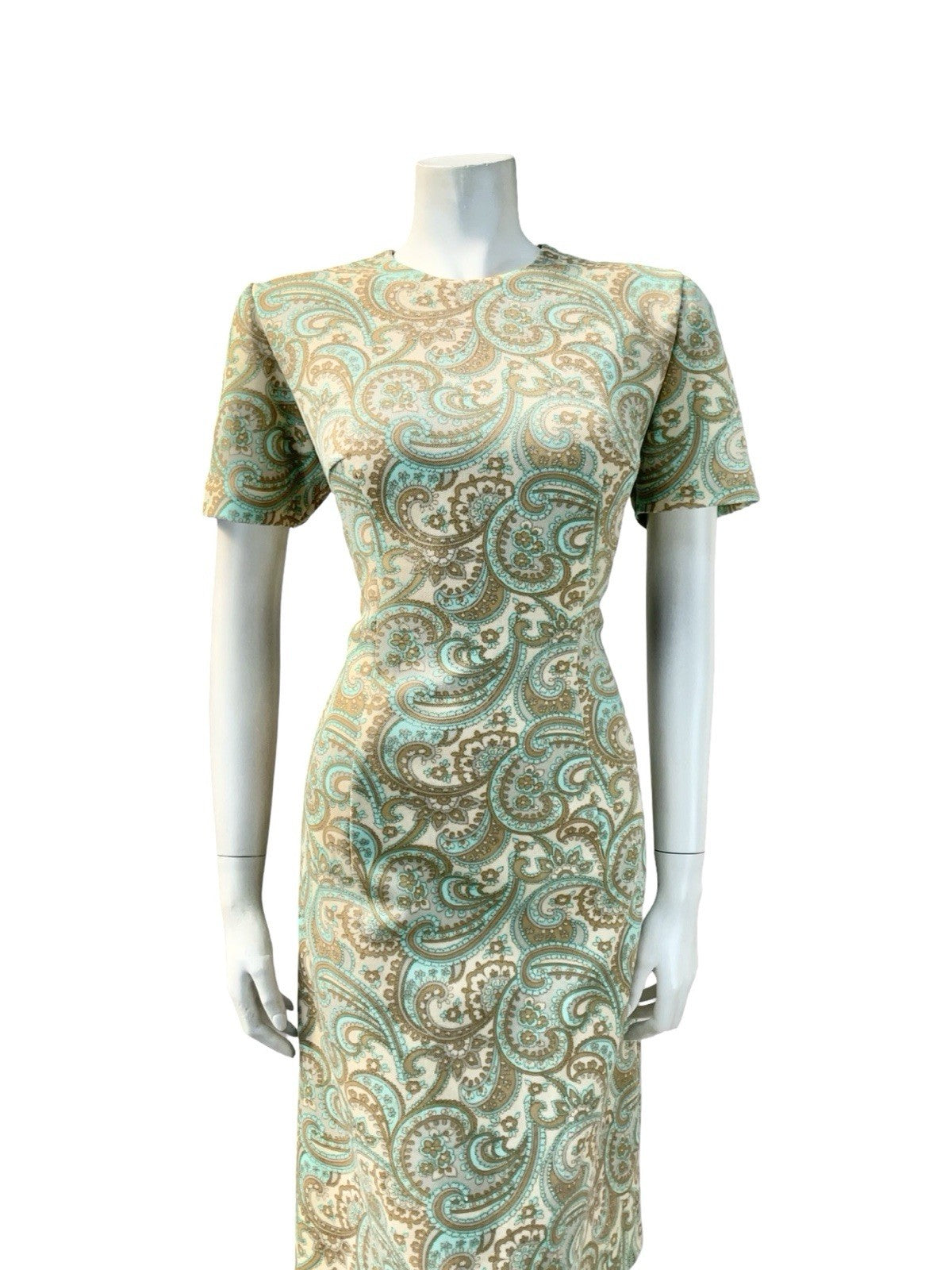 VTG 60S MOD PSYCHEDELIC PAISLEY SWIRL BEIGE GREEN BLUE BROWN PENCIL DRESS 14