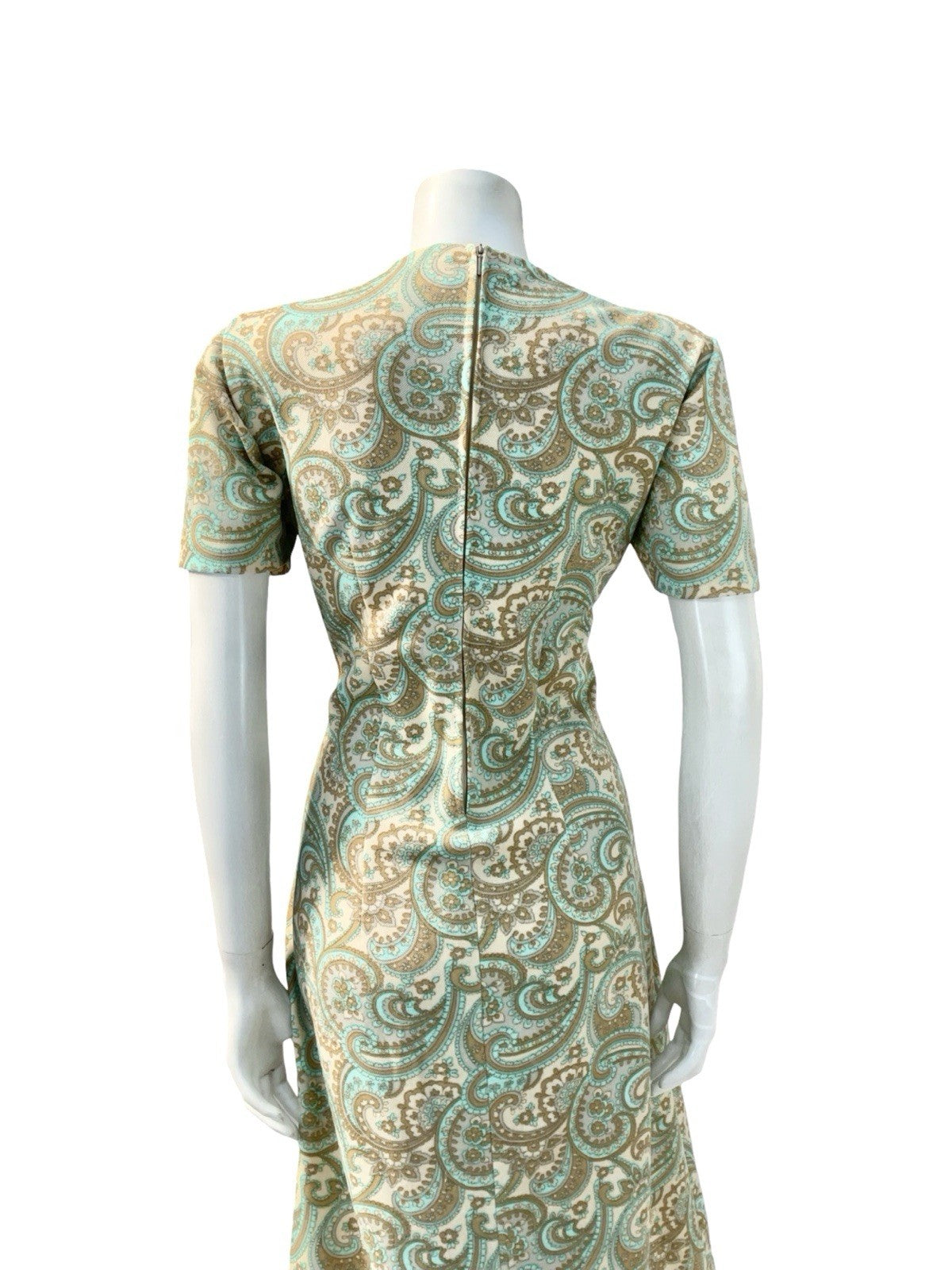 VTG 60S MOD PSYCHEDELIC PAISLEY SWIRL BEIGE GREEN BLUE BROWN PENCIL DRESS 14