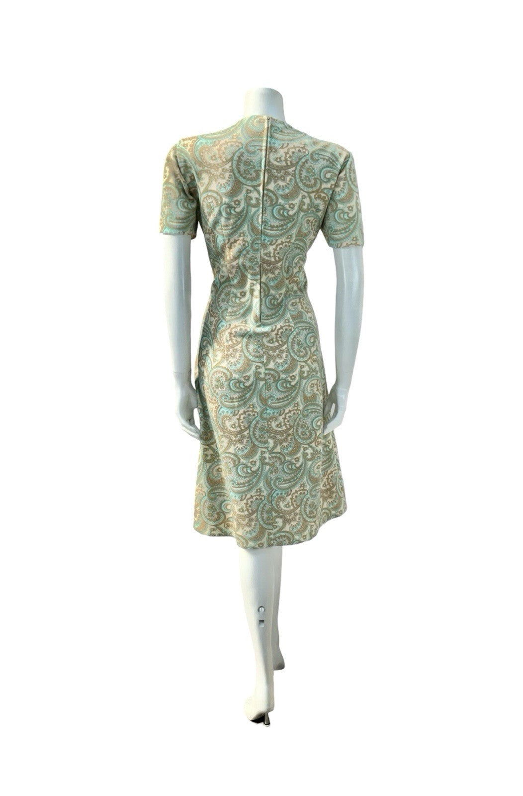 VTG 60S MOD PSYCHEDELIC PAISLEY SWIRL BEIGE GREEN BLUE BROWN PENCIL DRESS 14