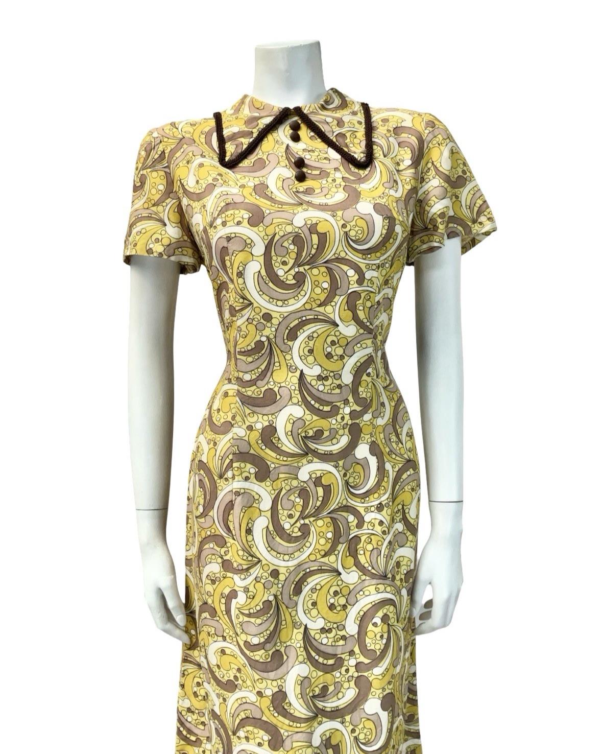 VTG 60S 70S YELLOW CREAM BROWN MOD DAGGER COLLAR PSYCHEDELIC DOTTY DRESS 12