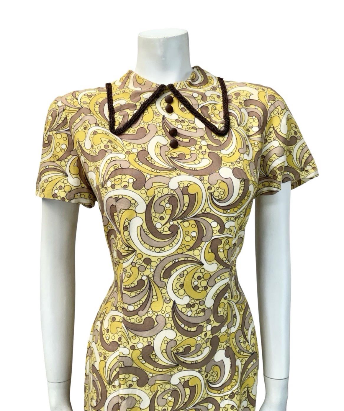 VTG 60S 70S YELLOW CREAM BROWN MOD DAGGER COLLAR PSYCHEDELIC DOTTY DRESS 12