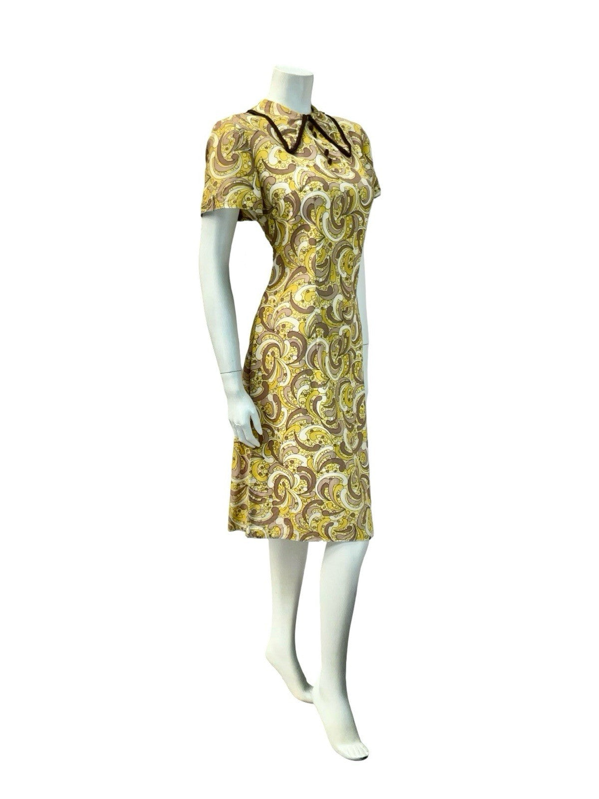 VTG 60S 70S YELLOW CREAM BROWN MOD DAGGER COLLAR PSYCHEDELIC DOTTY DRESS 12