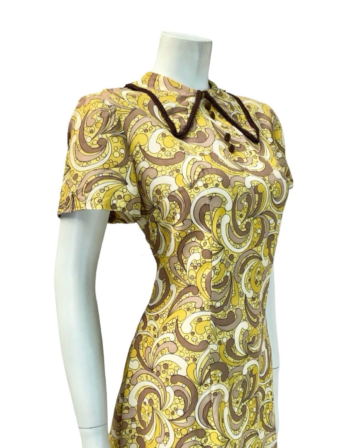 VTG 60S 70S YELLOW CREAM BROWN MOD DAGGER COLLAR PSYCHEDELIC DOTTY DRESS 12
