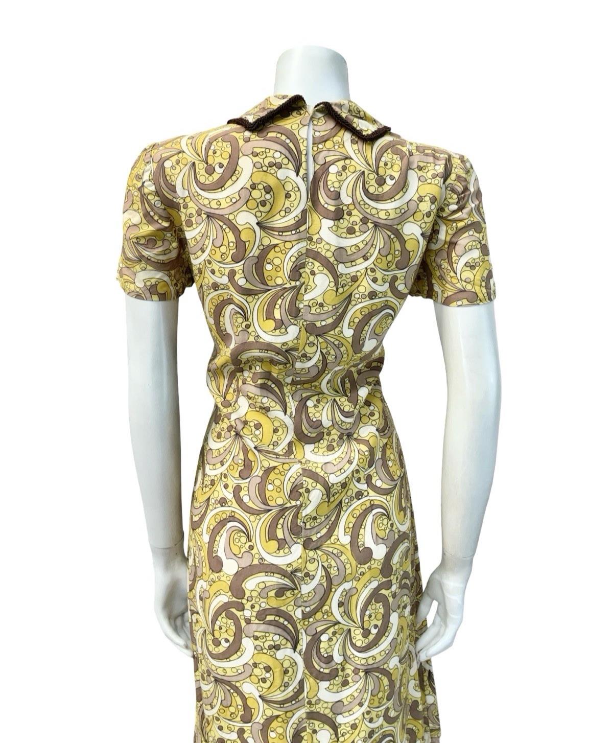 VTG 60S 70S YELLOW CREAM BROWN MOD DAGGER COLLAR PSYCHEDELIC DOTTY DRESS 12