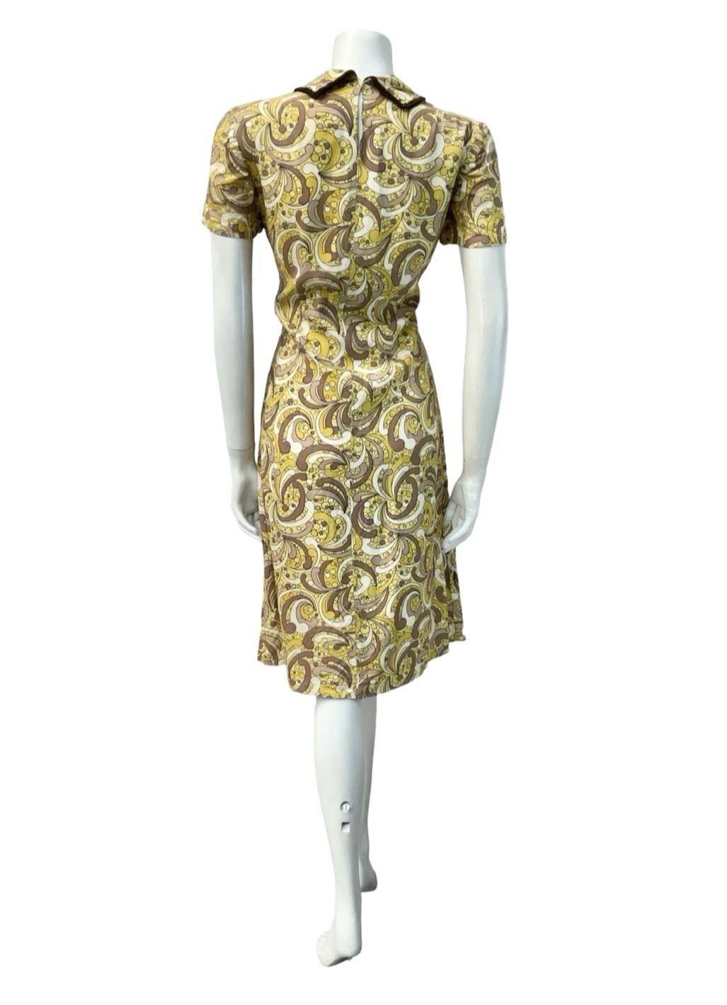 VTG 60S 70S YELLOW CREAM BROWN MOD DAGGER COLLAR PSYCHEDELIC DOTTY DRESS 12