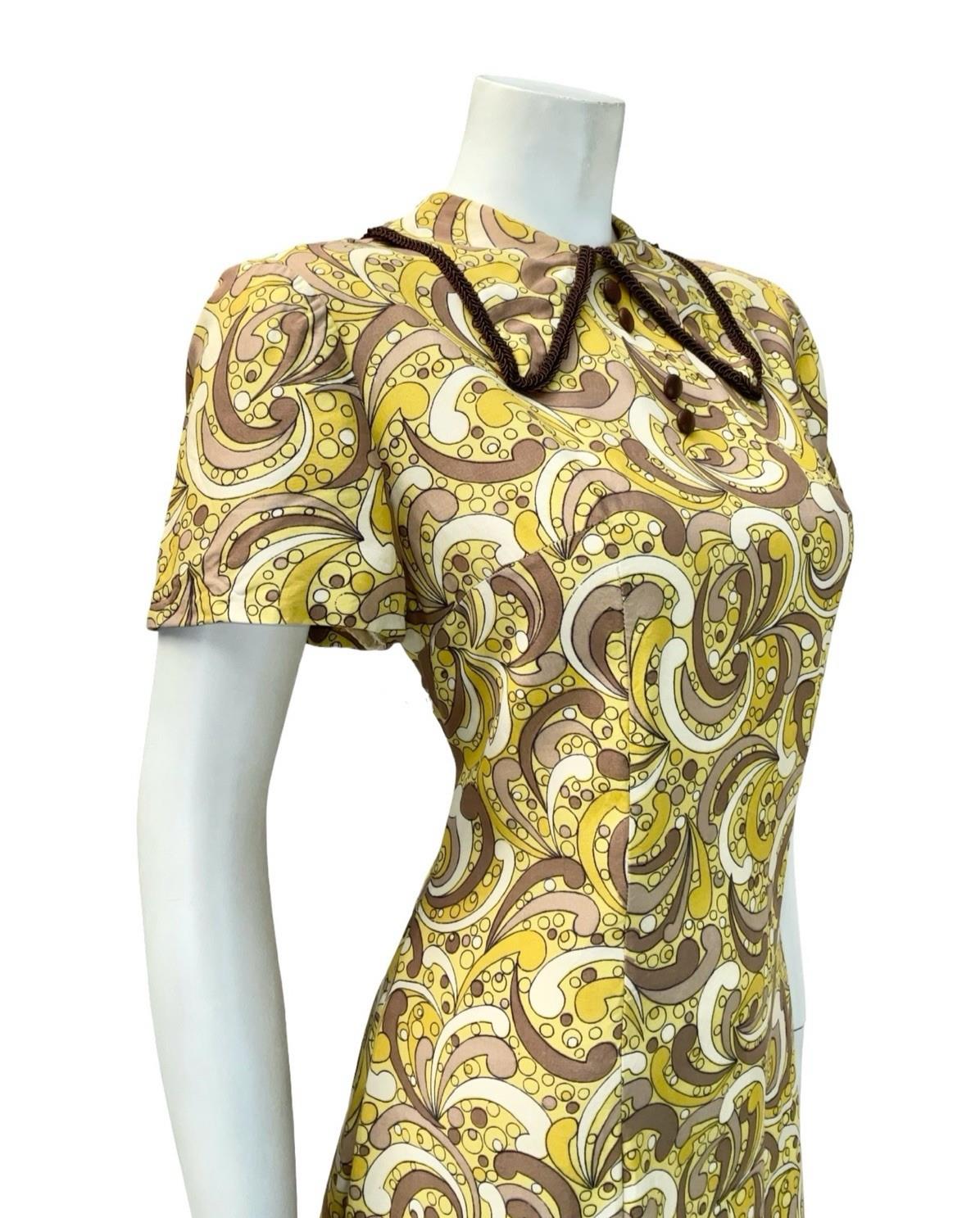 VTG 60S 70S YELLOW CREAM BROWN MOD DAGGER COLLAR PSYCHEDELIC DOTTY DRESS 12