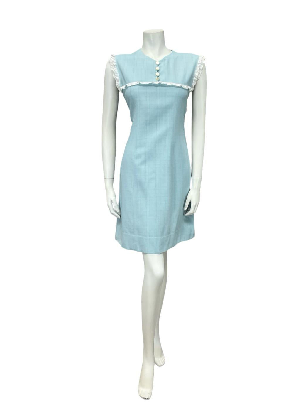 VTG 60S 70S BABY BLUE WHITE LACE YOKE BIB MOD PRAIRIE MINI SHIFT DRESS 8 10 S