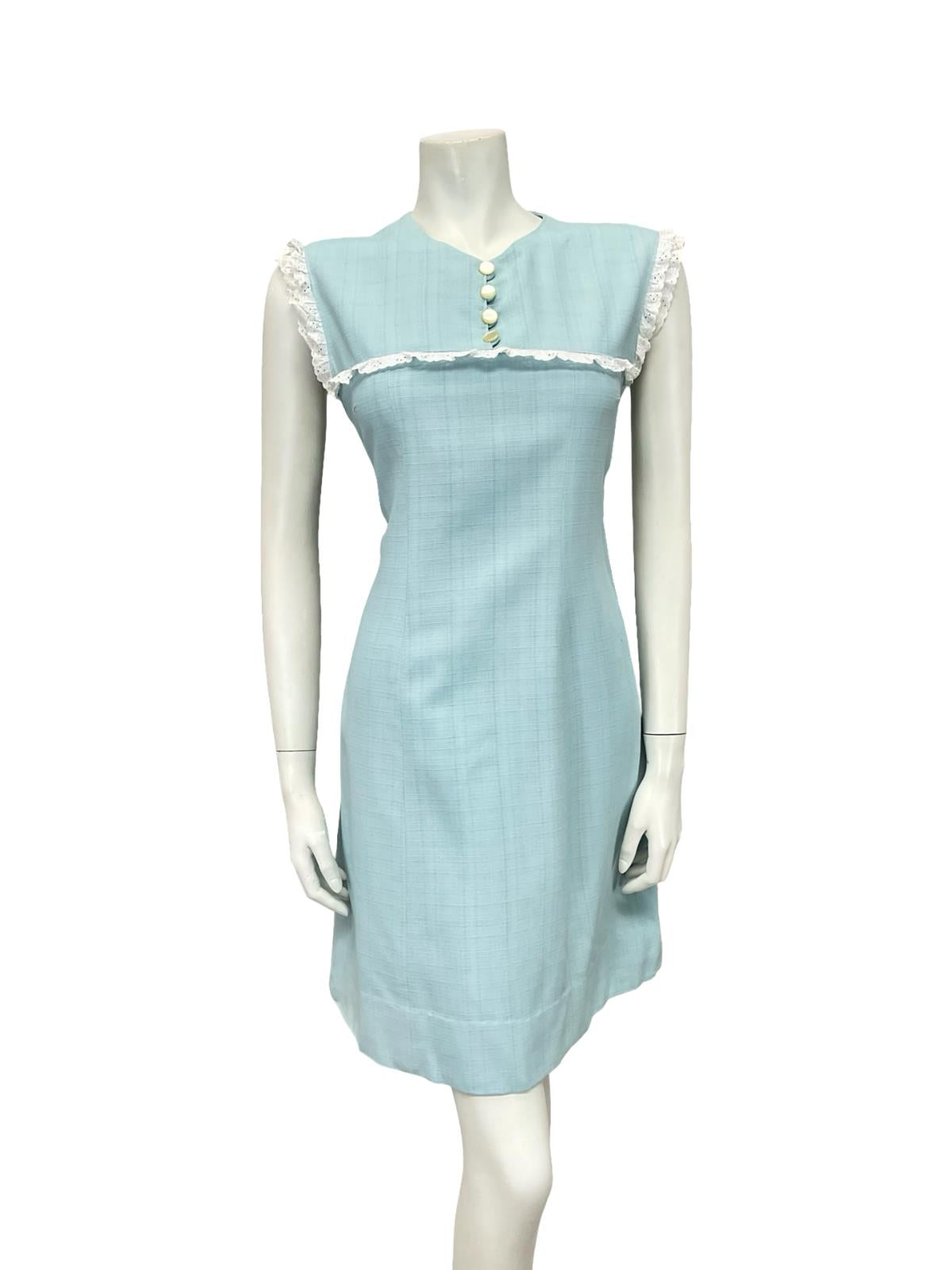VTG 60S 70S BABY BLUE WHITE LACE YOKE BIB MOD PRAIRIE MINI SHIFT DRESS 8 10 S