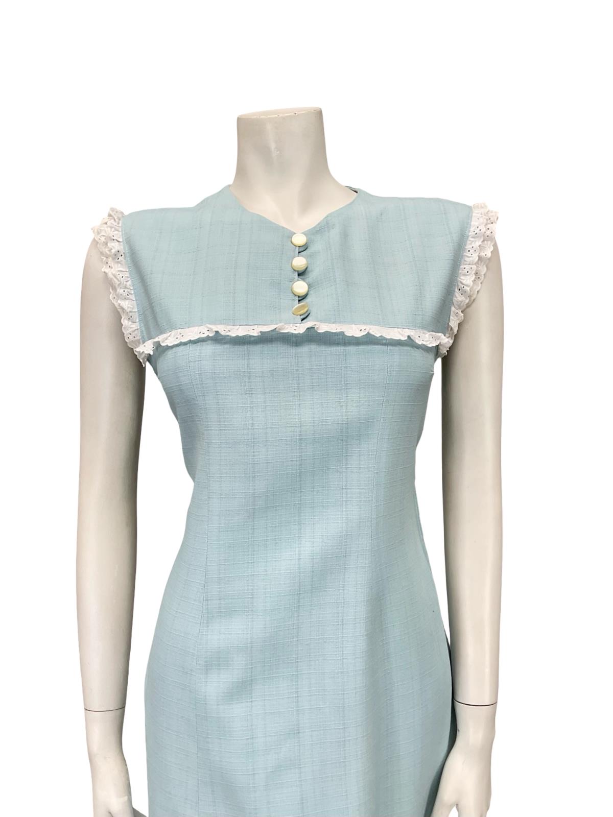 VTG 60S 70S BABY BLUE WHITE LACE YOKE BIB MOD PRAIRIE MINI SHIFT DRESS 8 10 S