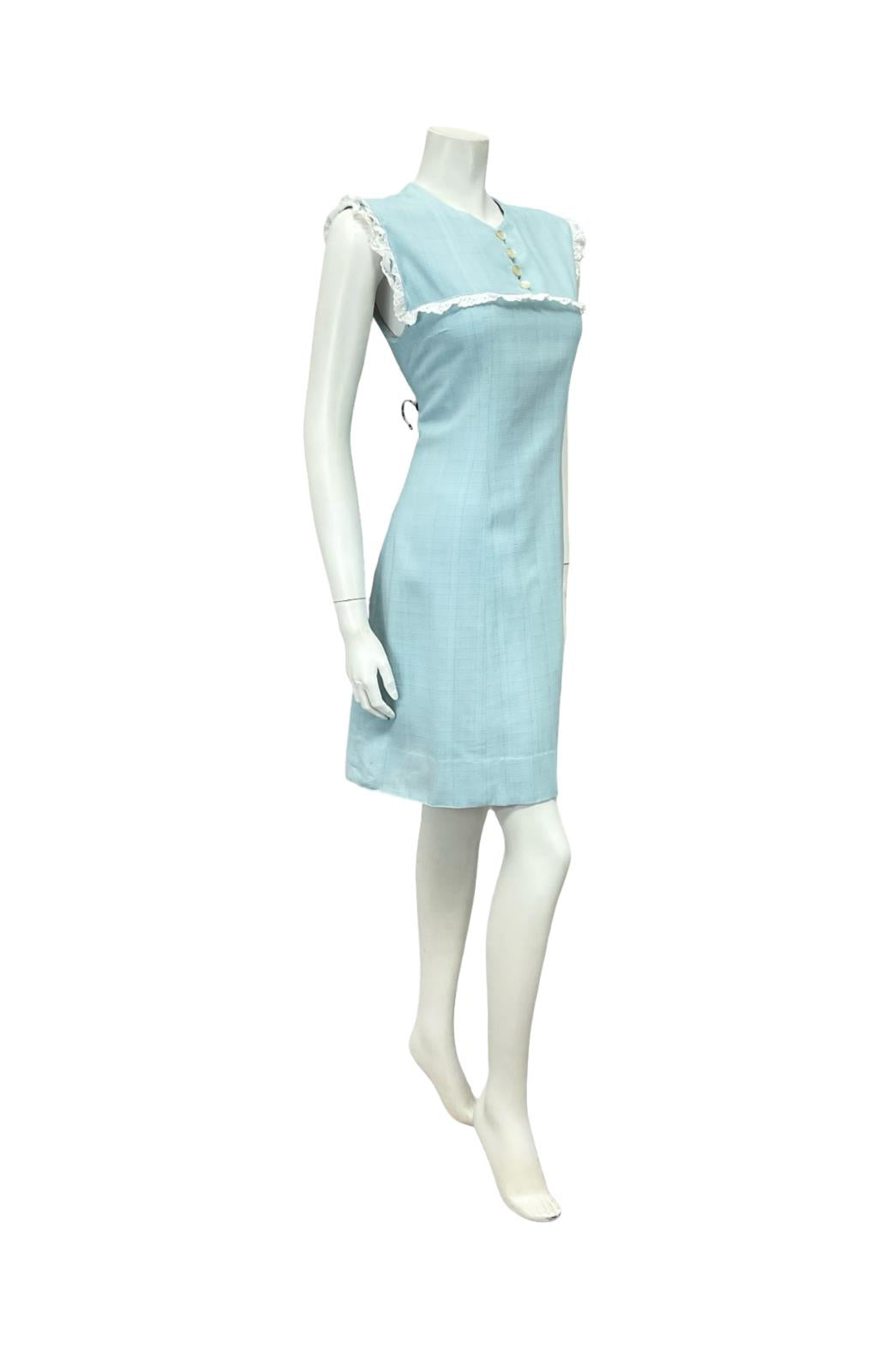 VTG 60S 70S BABY BLUE WHITE LACE YOKE BIB MOD PRAIRIE MINI SHIFT DRESS 8 10 S