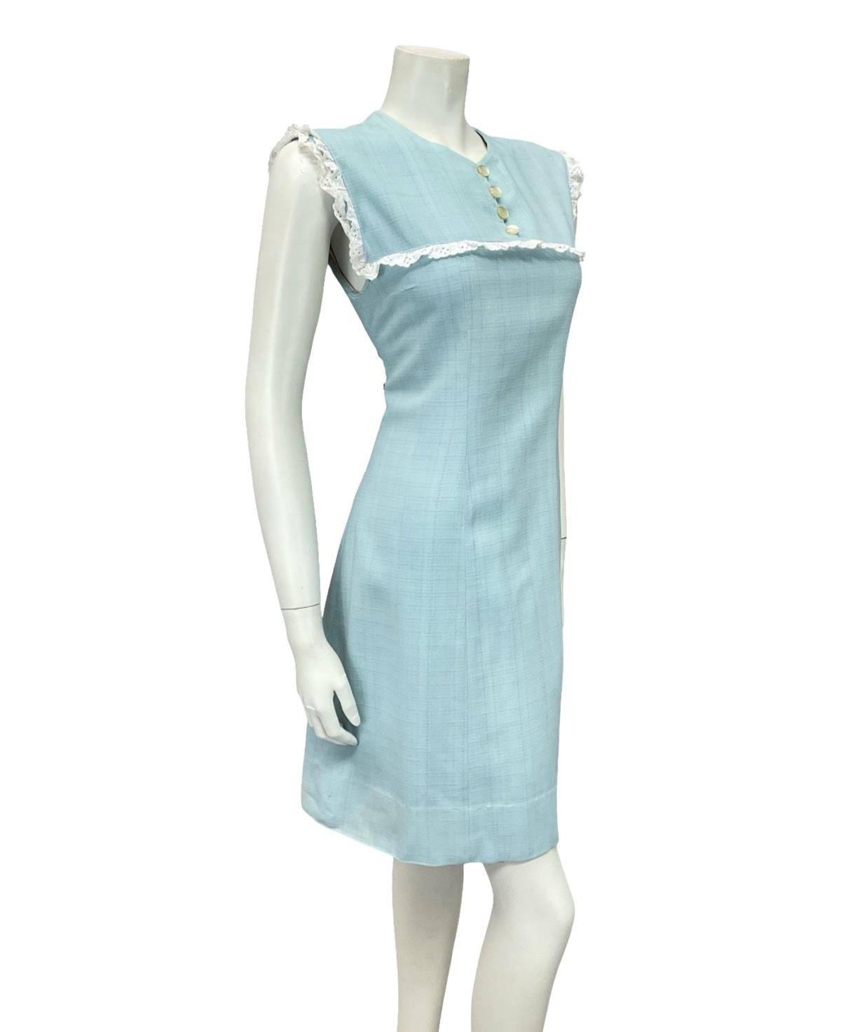 VTG 60S 70S BABY BLUE WHITE LACE YOKE BIB MOD PRAIRIE MINI SHIFT DRESS 8 10 S