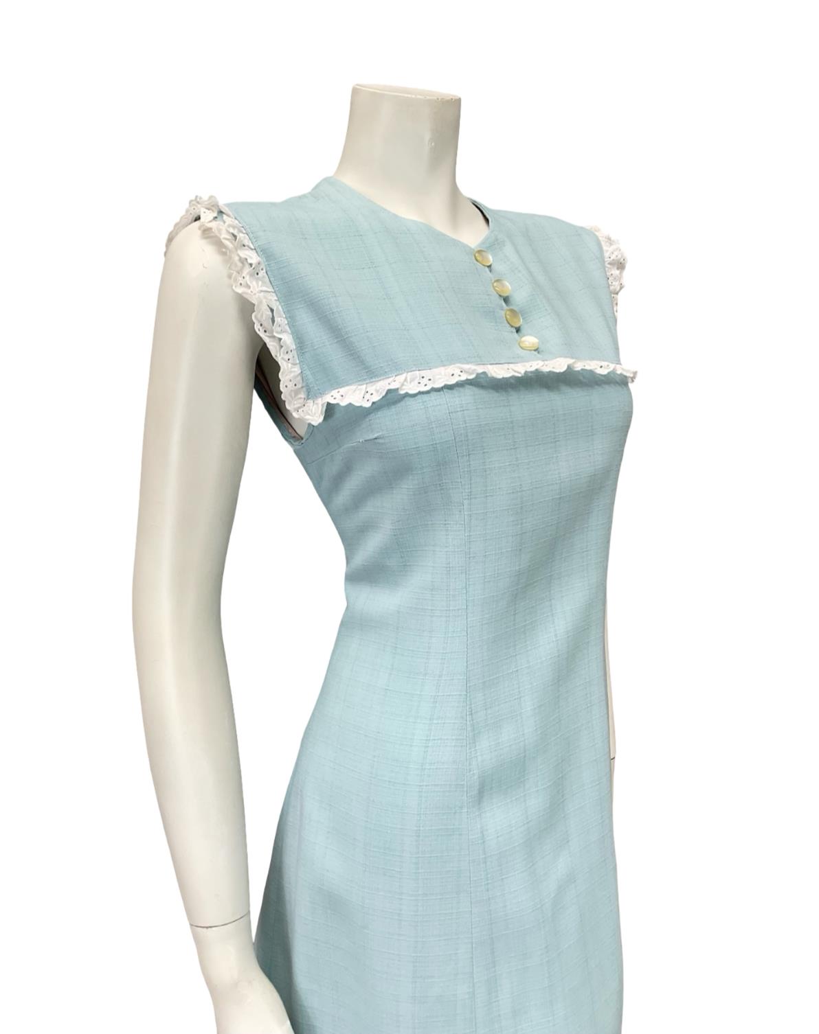 VTG 60S 70S BABY BLUE WHITE LACE YOKE BIB MOD PRAIRIE MINI SHIFT DRESS 8 10 S