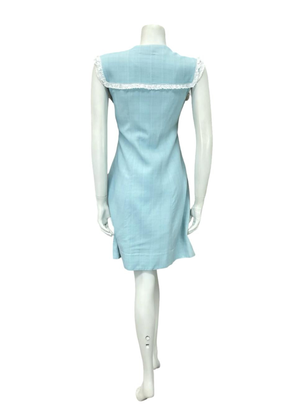 VTG 60S 70S BABY BLUE WHITE LACE YOKE BIB MOD PRAIRIE MINI SHIFT DRESS 8 10 S