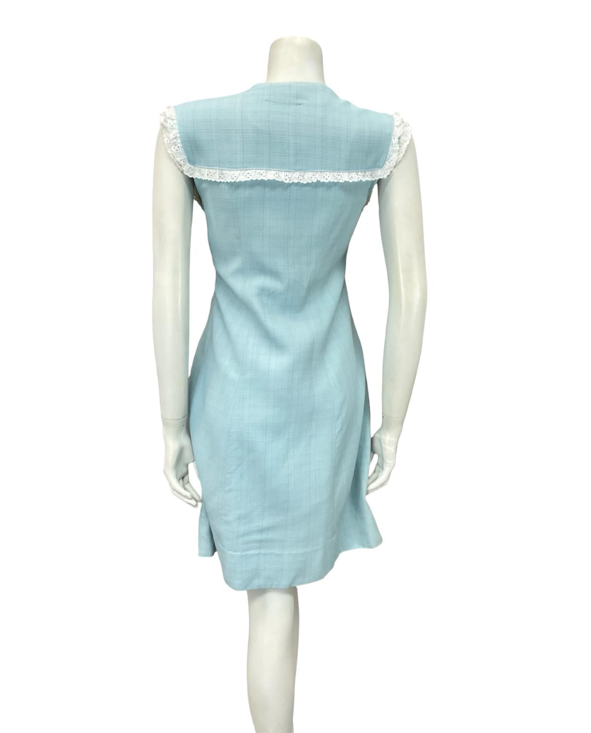 VTG 60S 70S BABY BLUE WHITE LACE YOKE BIB MOD PRAIRIE MINI SHIFT DRESS 8 10 S