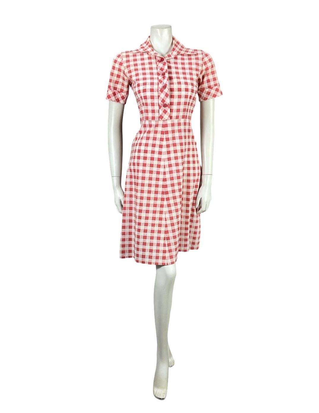 VTG 70S MOD RED WHITE GINHAM COTTAGE DAGGER A LINE SHIRT DRESS 8