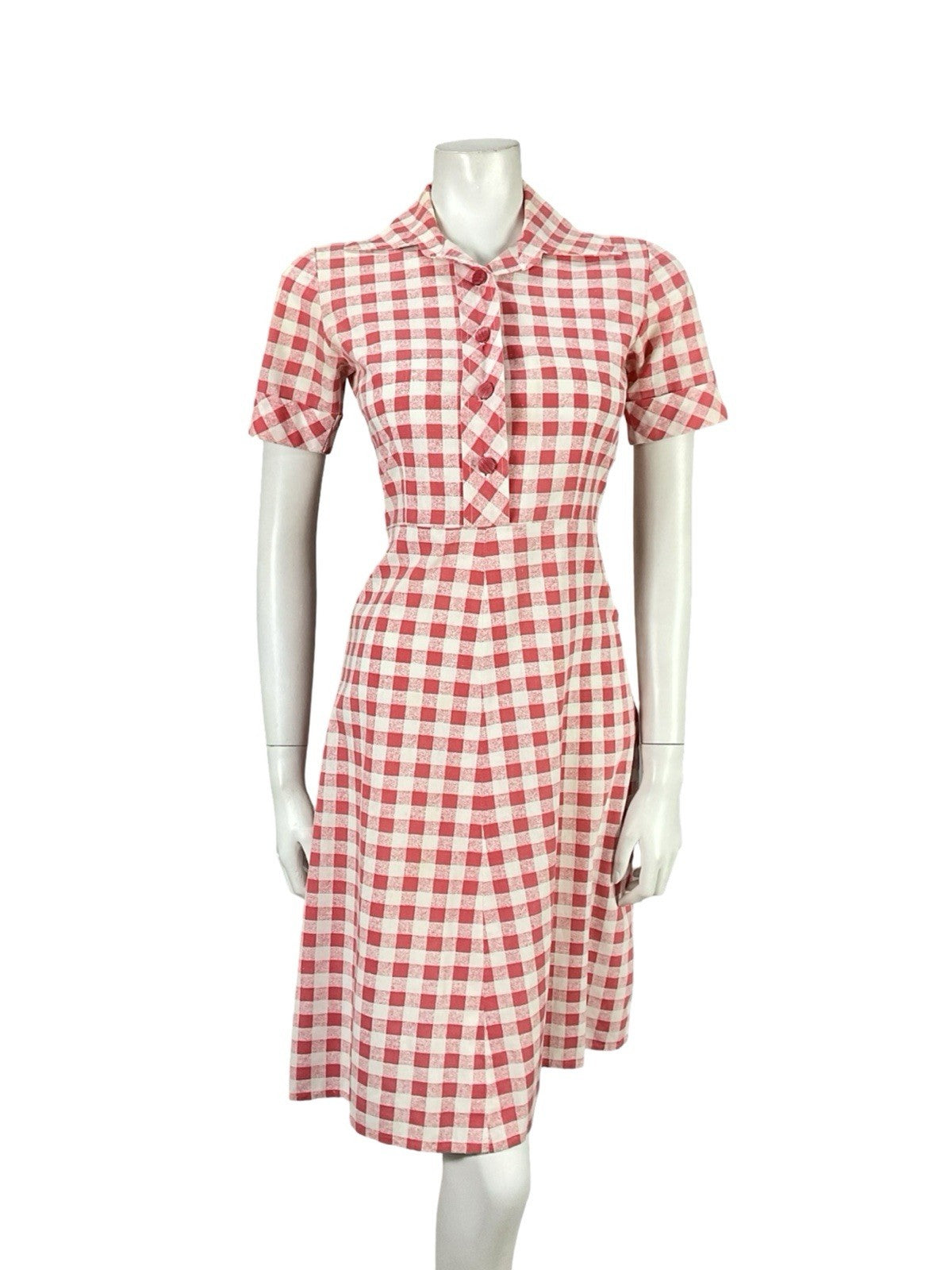 VTG 70S MOD RED WHITE GINHAM COTTAGE DAGGER A LINE SHIRT DRESS 8