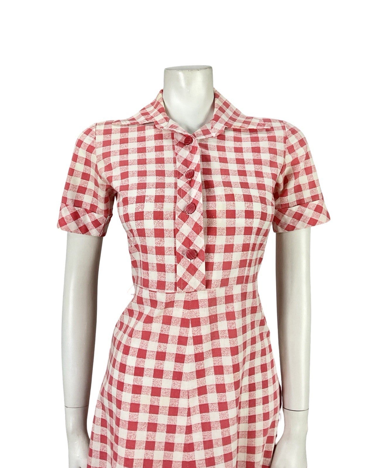 VTG 70S MOD RED WHITE GINHAM COTTAGE DAGGER A LINE SHIRT DRESS 8