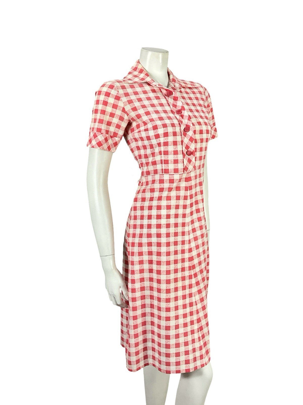 VTG 70S MOD RED WHITE GINHAM COTTAGE DAGGER A LINE SHIRT DRESS 8
