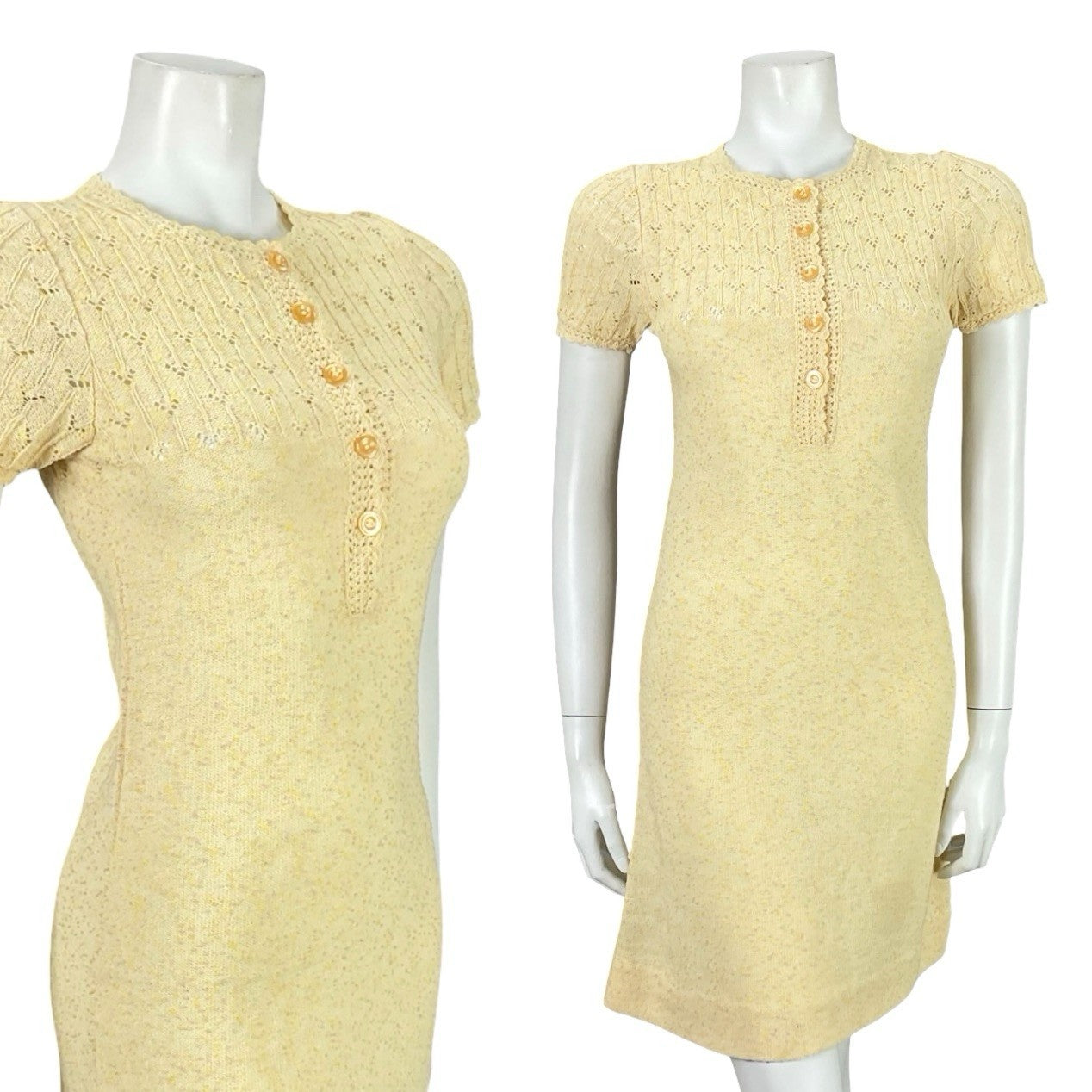 VTG 60S 70S BUTTER YELLOW PINK KNITTED MOD GOGO BODY CON DRESS 6 8 10