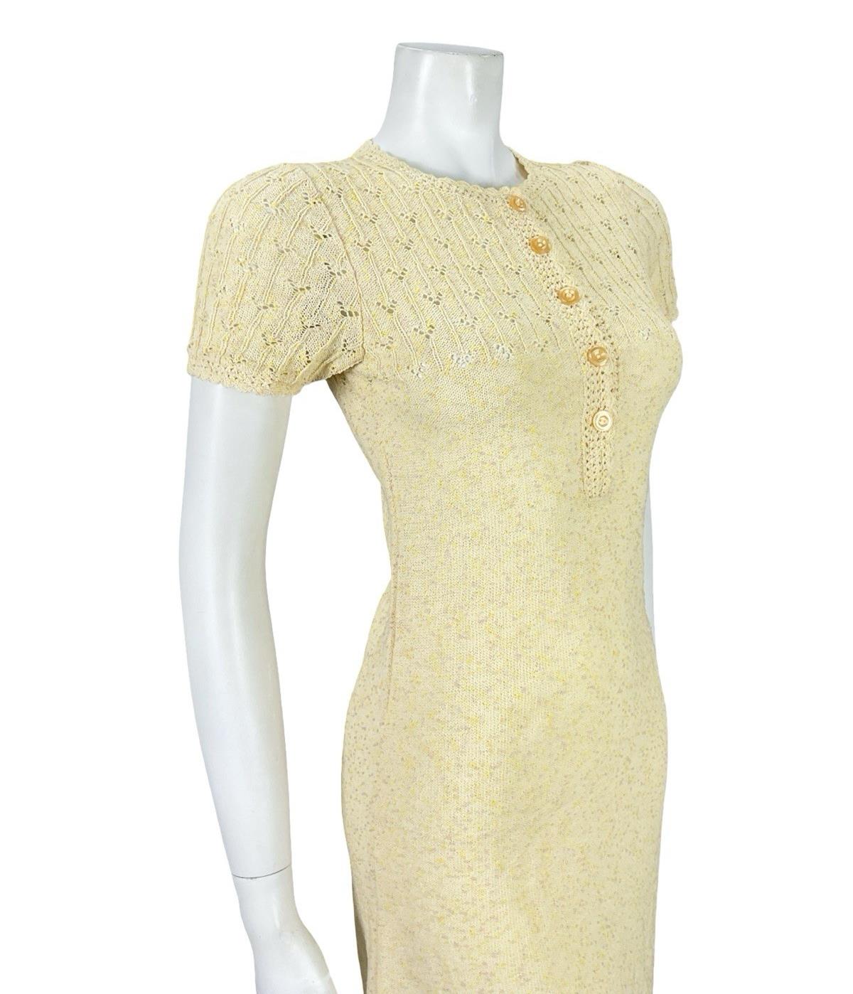VTG 60S 70S BUTTER YELLOW PINK KNITTED MOD GOGO BODY CON DRESS 6 8 10