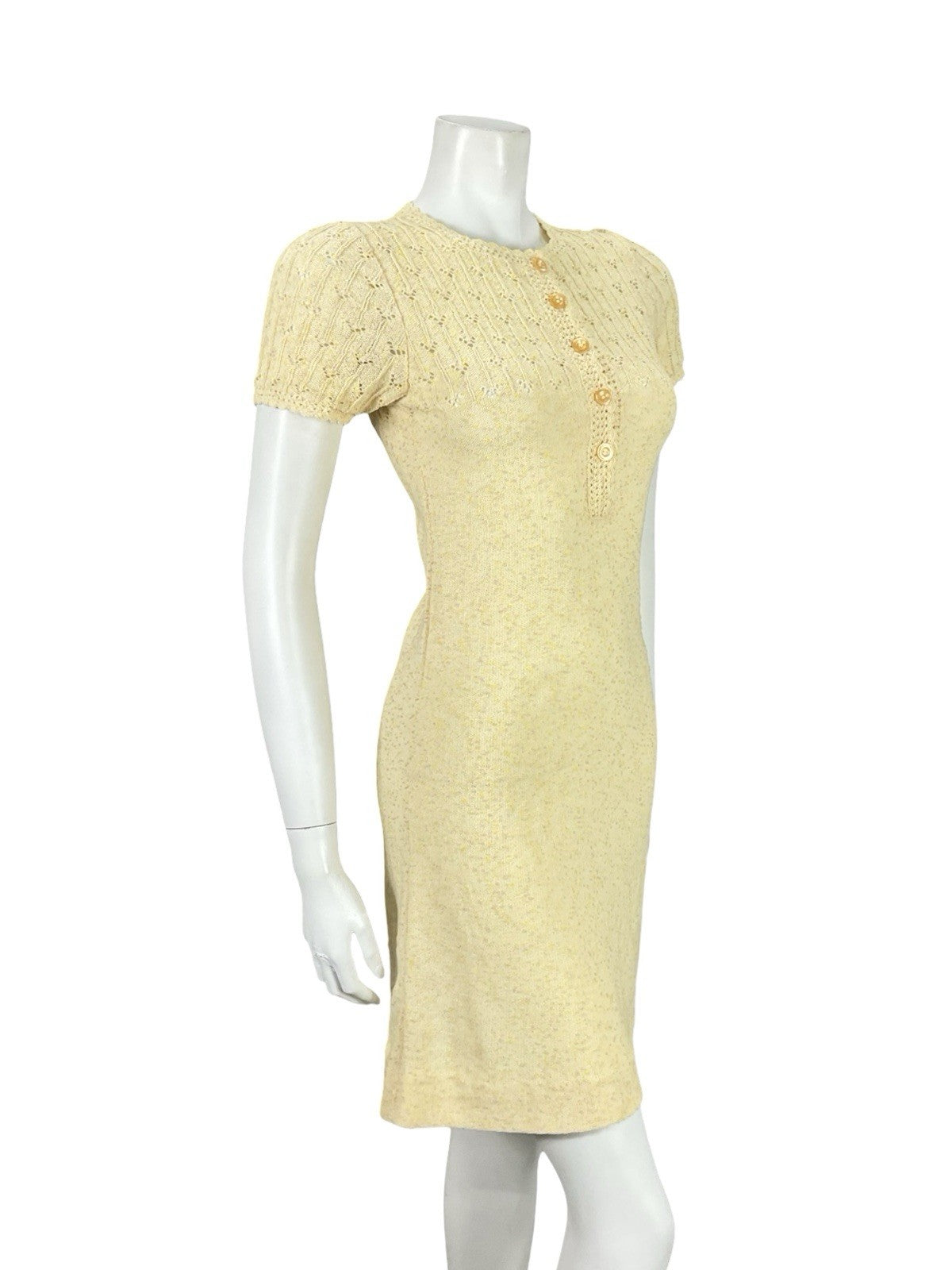 VTG 60S 70S BUTTER YELLOW PINK KNITTED MOD GOGO BODY CON DRESS 6 8 10