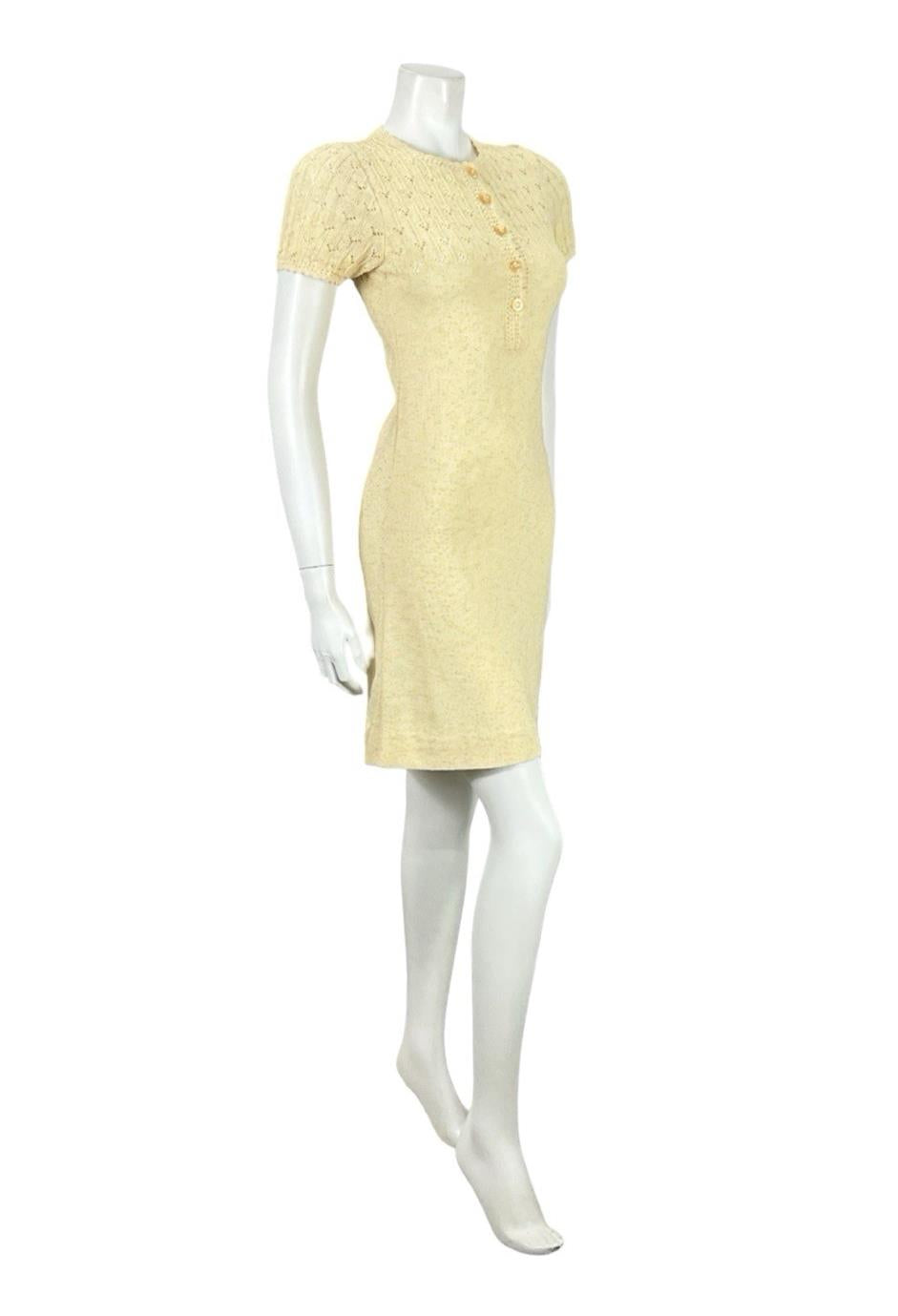 VTG 60S 70S BUTTER YELLOW PINK KNITTED MOD GOGO BODY CON DRESS 6 8 10