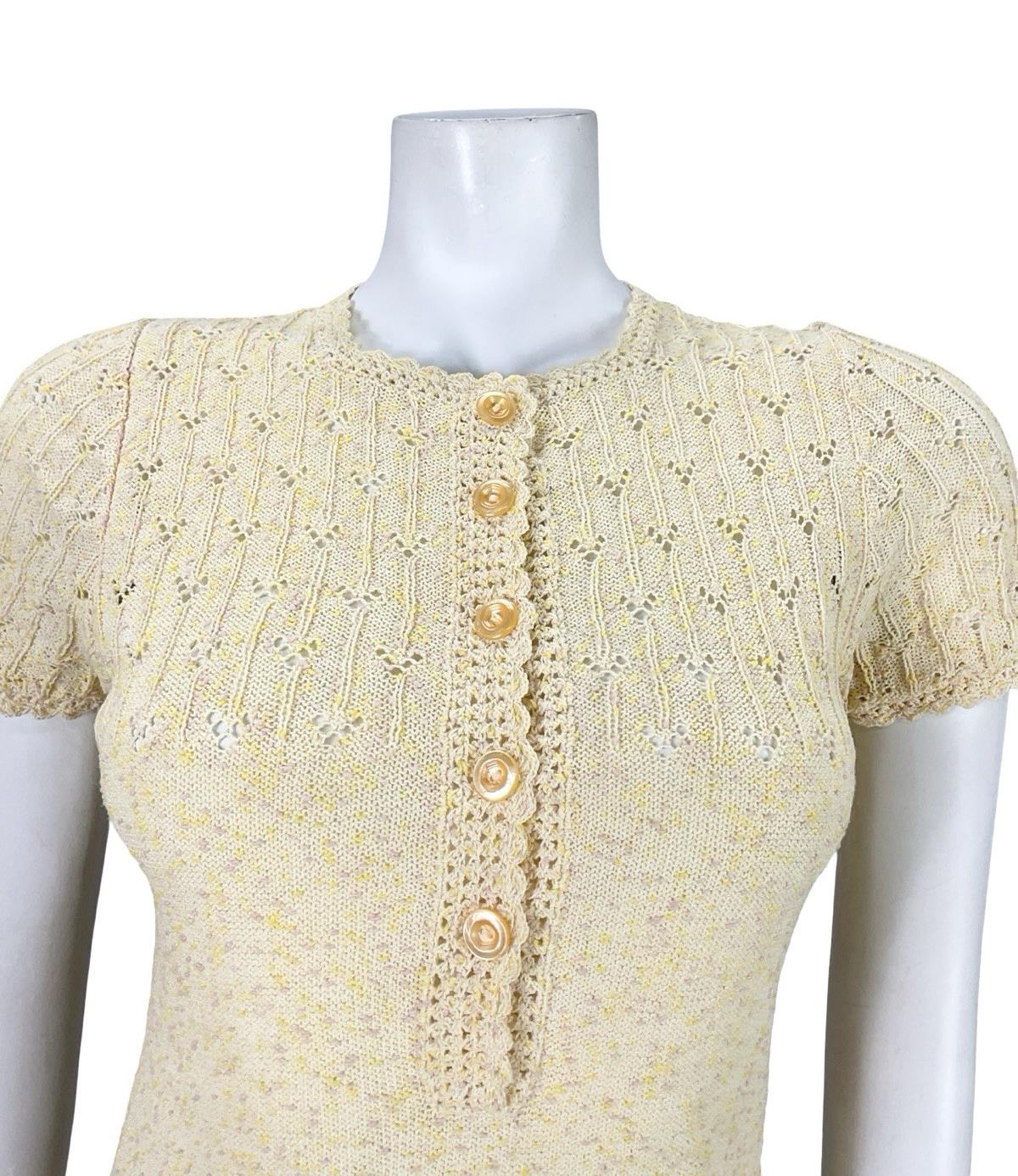 VTG 60S 70S BUTTER YELLOW PINK KNITTED MOD GOGO BODY CON DRESS 6 8 10