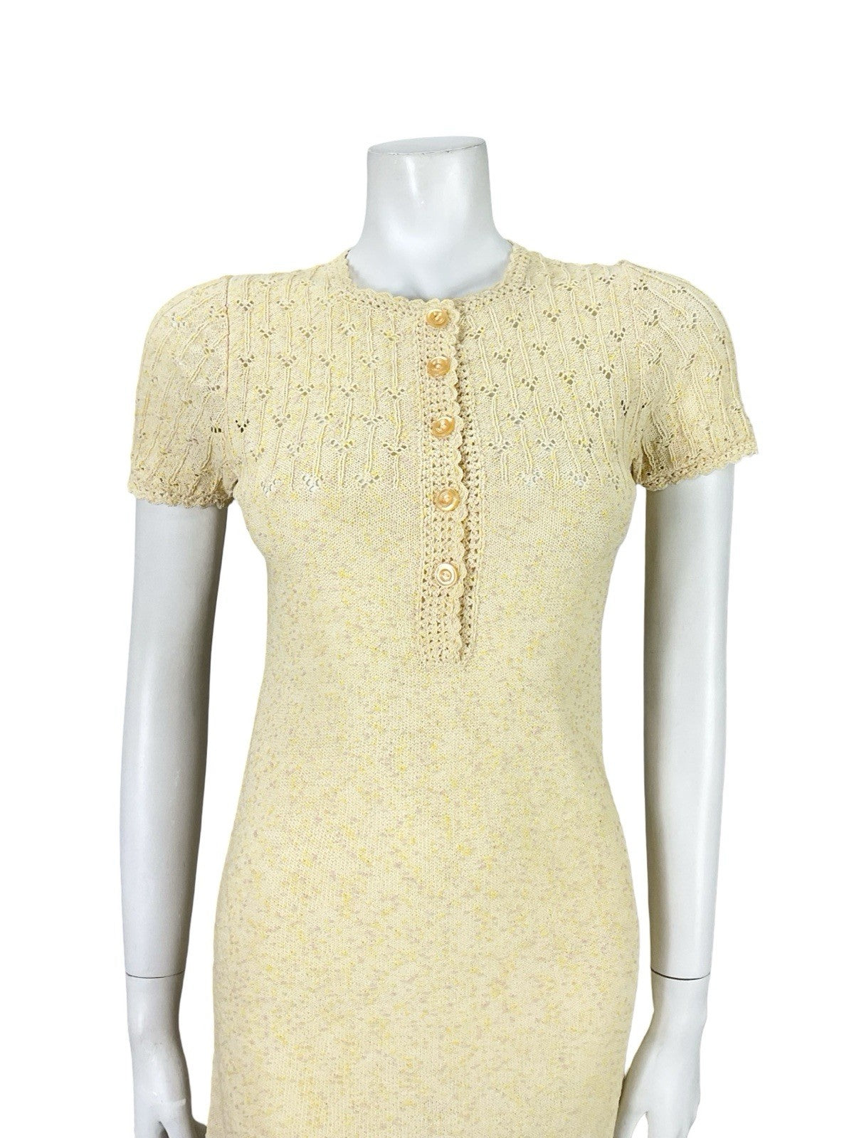 VTG 60S 70S BUTTER YELLOW PINK KNITTED MOD GOGO BODY CON DRESS 6 8 10