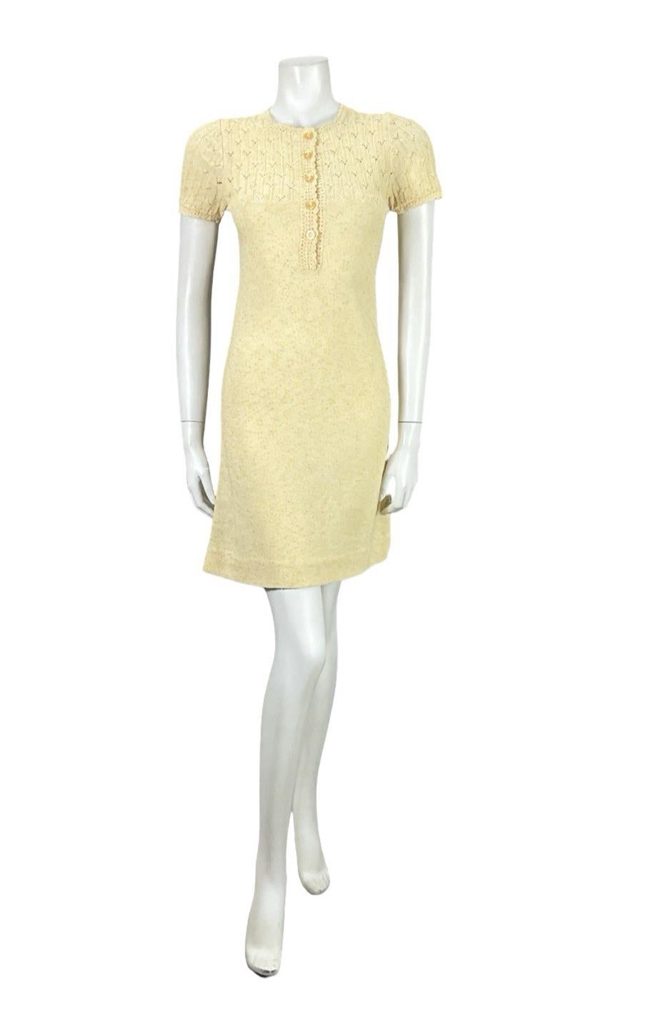 VTG 60S 70S BUTTER YELLOW PINK KNITTED MOD GOGO BODY CON DRESS 6 8 10