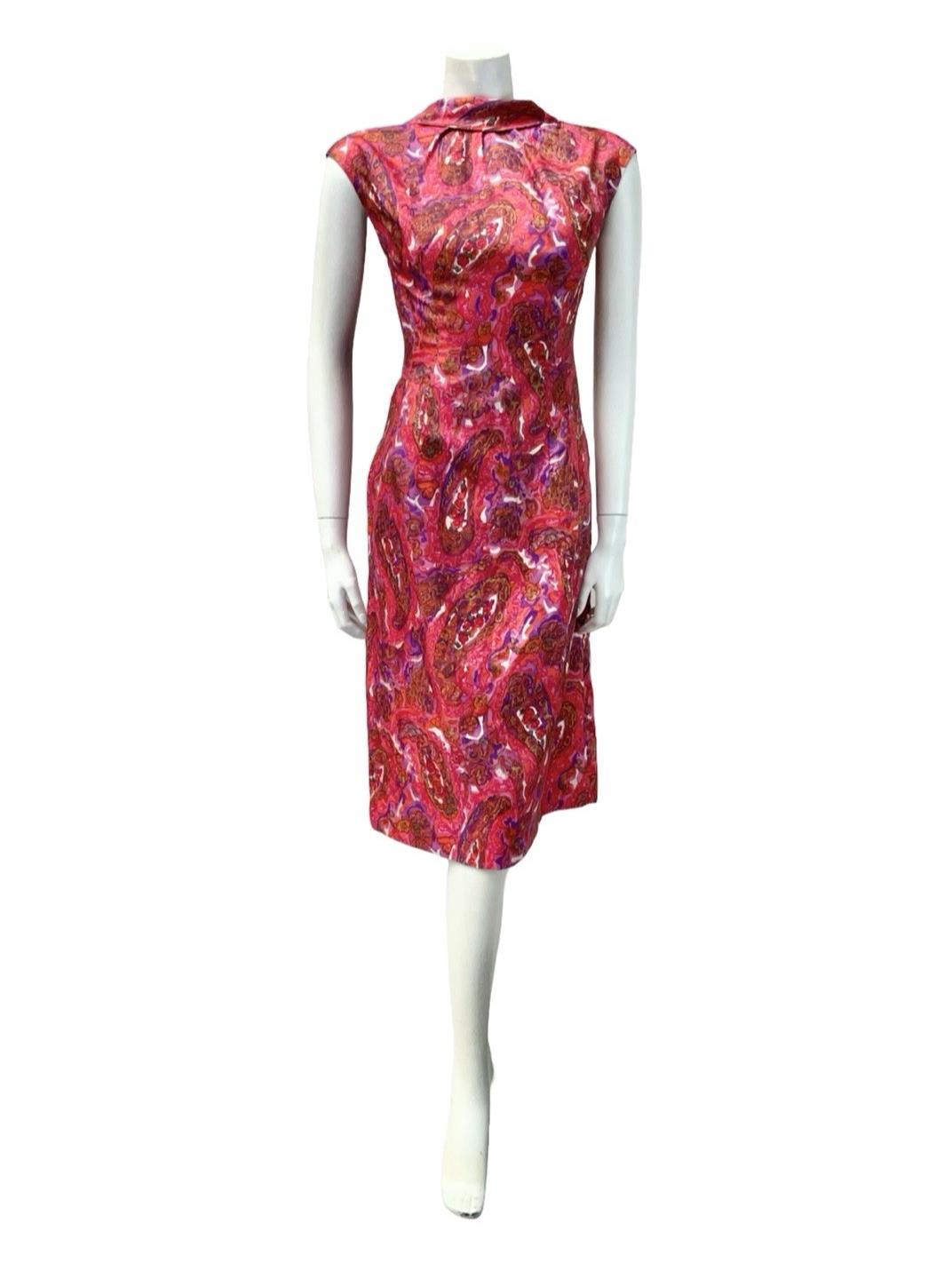 VTG 60S PINK PURPLE BROWN PSYCHEDELIC FLORAL PAISLEY MOD MIDI DRESS 14