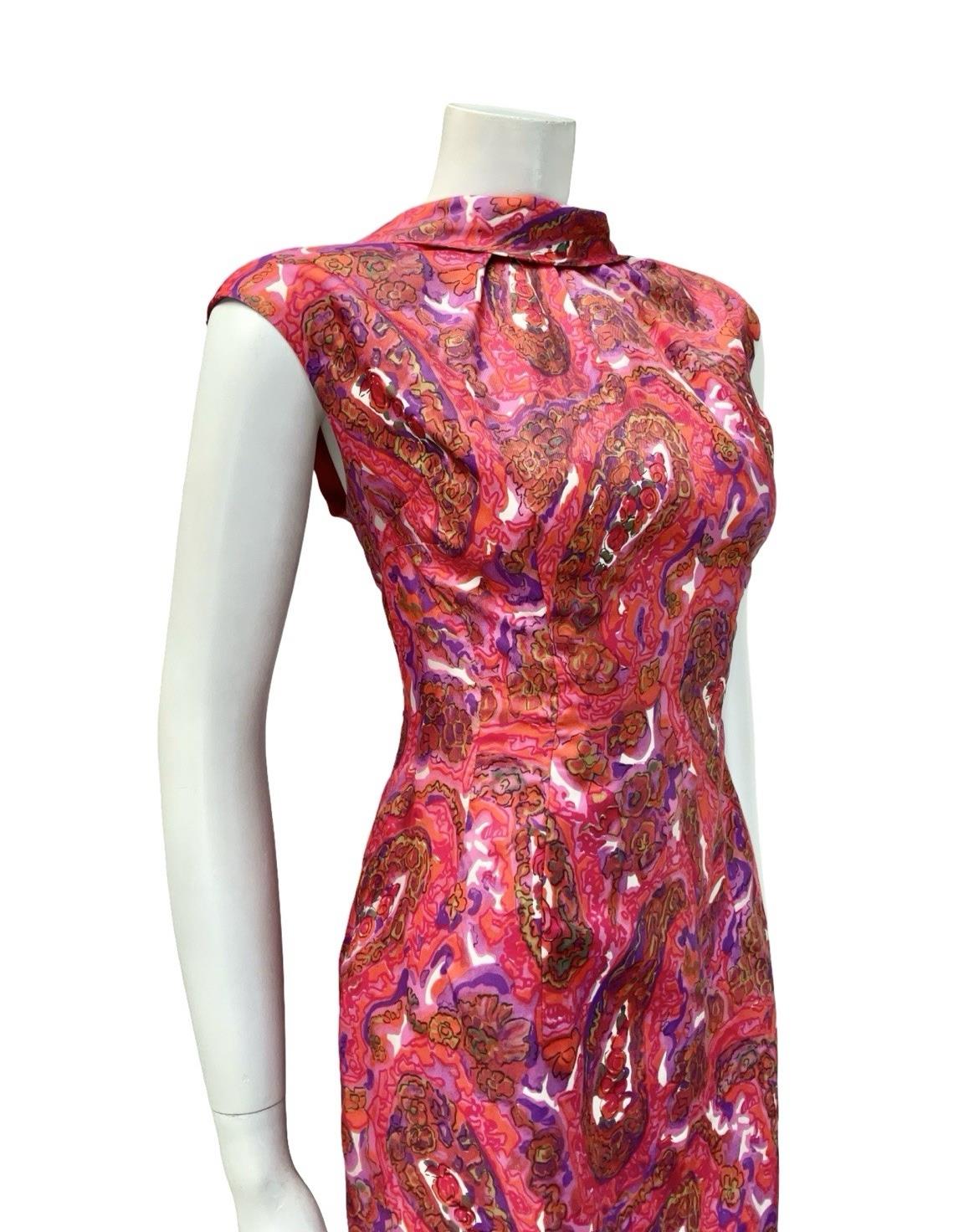 VTG 60S PINK PURPLE BROWN PSYCHEDELIC FLORAL PAISLEY MOD MIDI DRESS 14