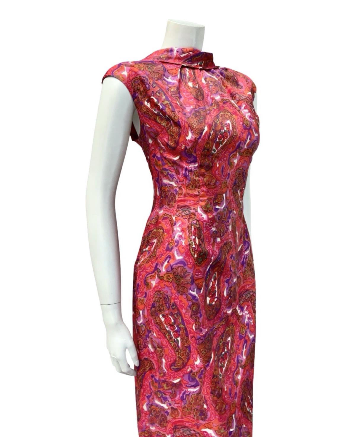 VTG 60S PINK PURPLE BROWN PSYCHEDELIC FLORAL PAISLEY MOD MIDI DRESS 14